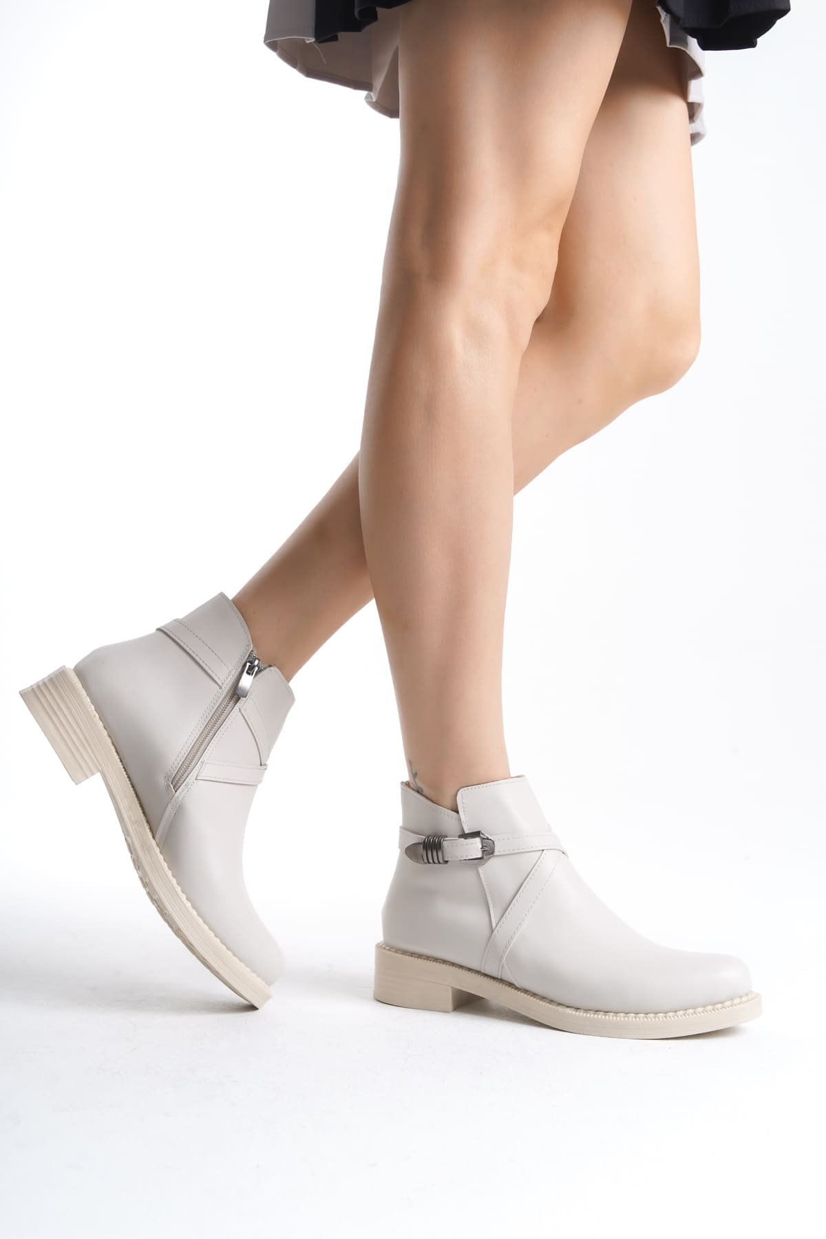 ALMILA Fermuarlı Lastikli Ortopedik Taban Topuklu Kadın Bot  CKT - Krem - 37