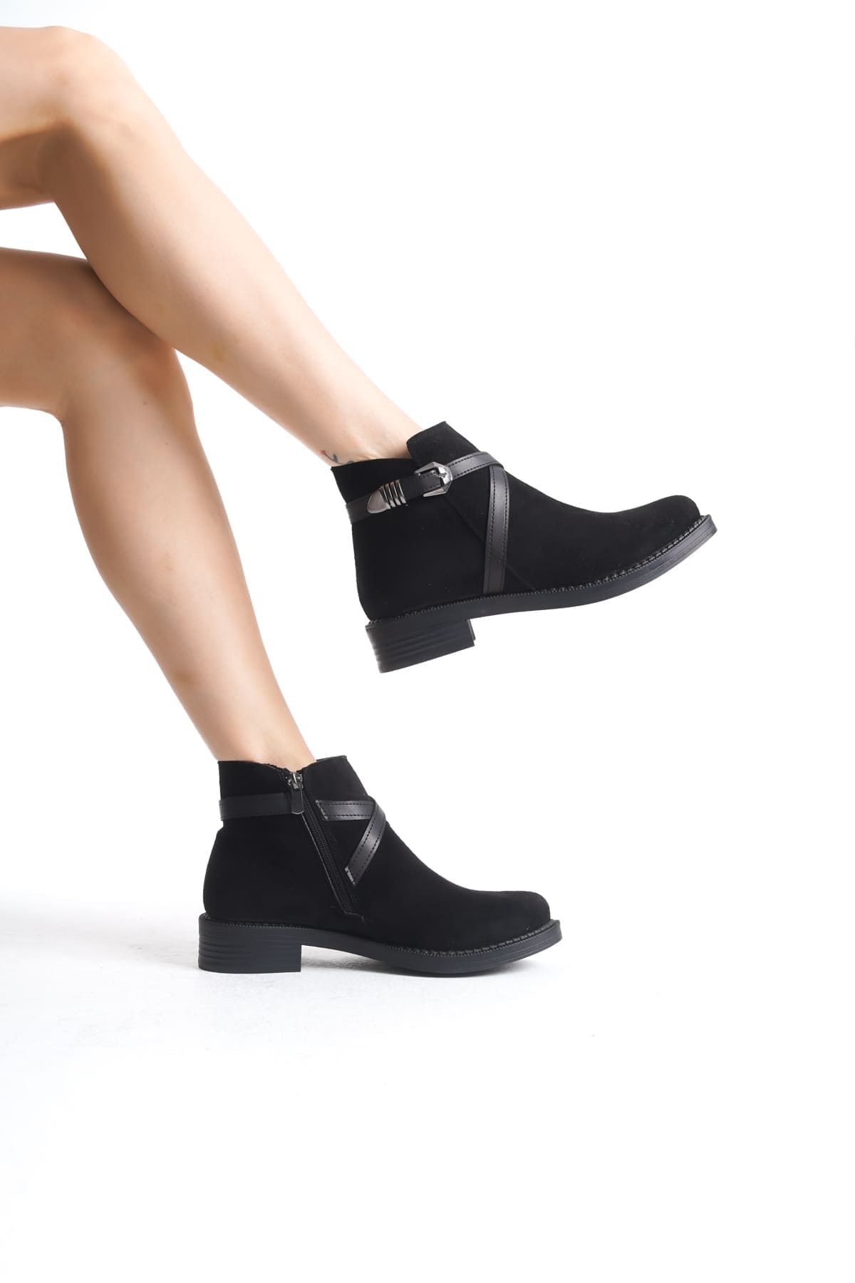 ALMILA Fermuarlı Lastikli Ortopedik Taban Topuklu Süet Kadın Bot SST - Siyah - 39 Resim 2