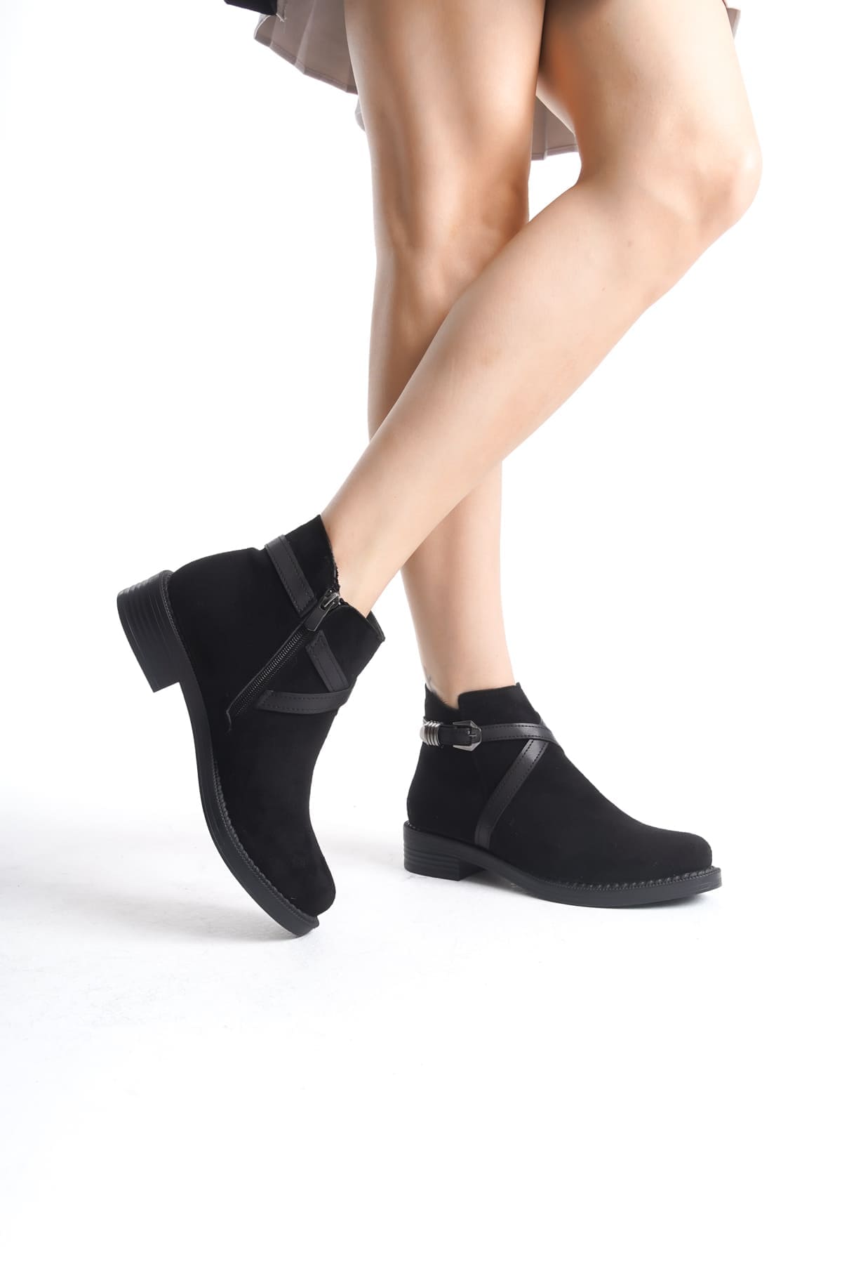 ALMILA Fermuarlı Lastikli Ortopedik Taban Topuklu Süet Kadın Bot SST - Siyah - 39 Resim 3