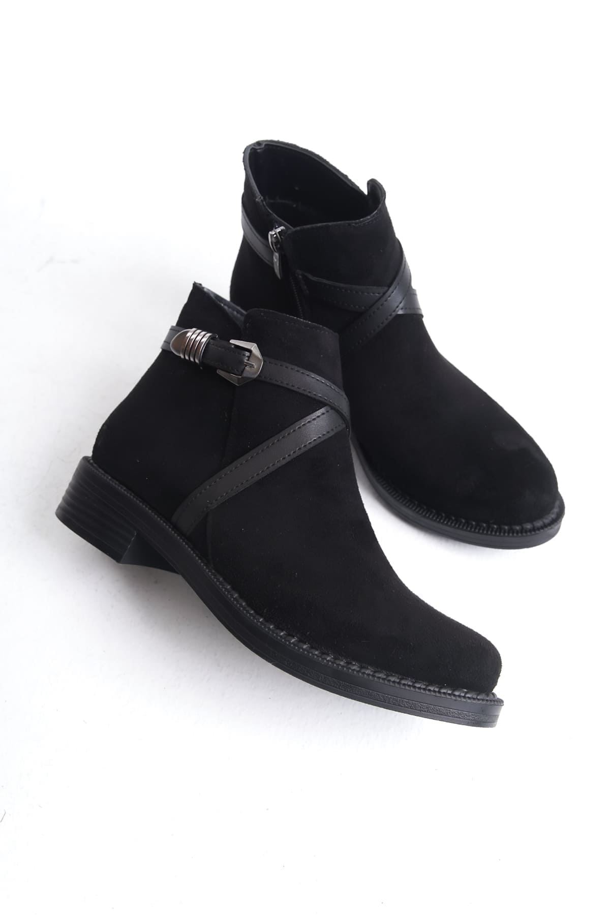 ALMILA Fermuarlı Lastikli Ortopedik Taban Topuklu Süet Kadın Bot SST - Siyah - 39 Resim 5