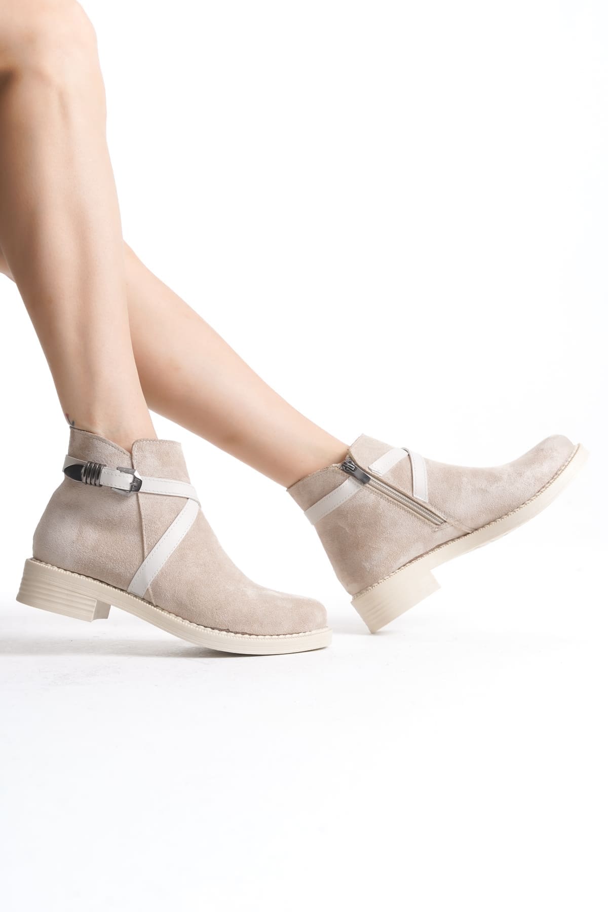 ALMILA Fermuarlı Lastikli Ortopedik Taban Topuklu Süet Kadın Bot  STT - Ten - 39 Resim 3