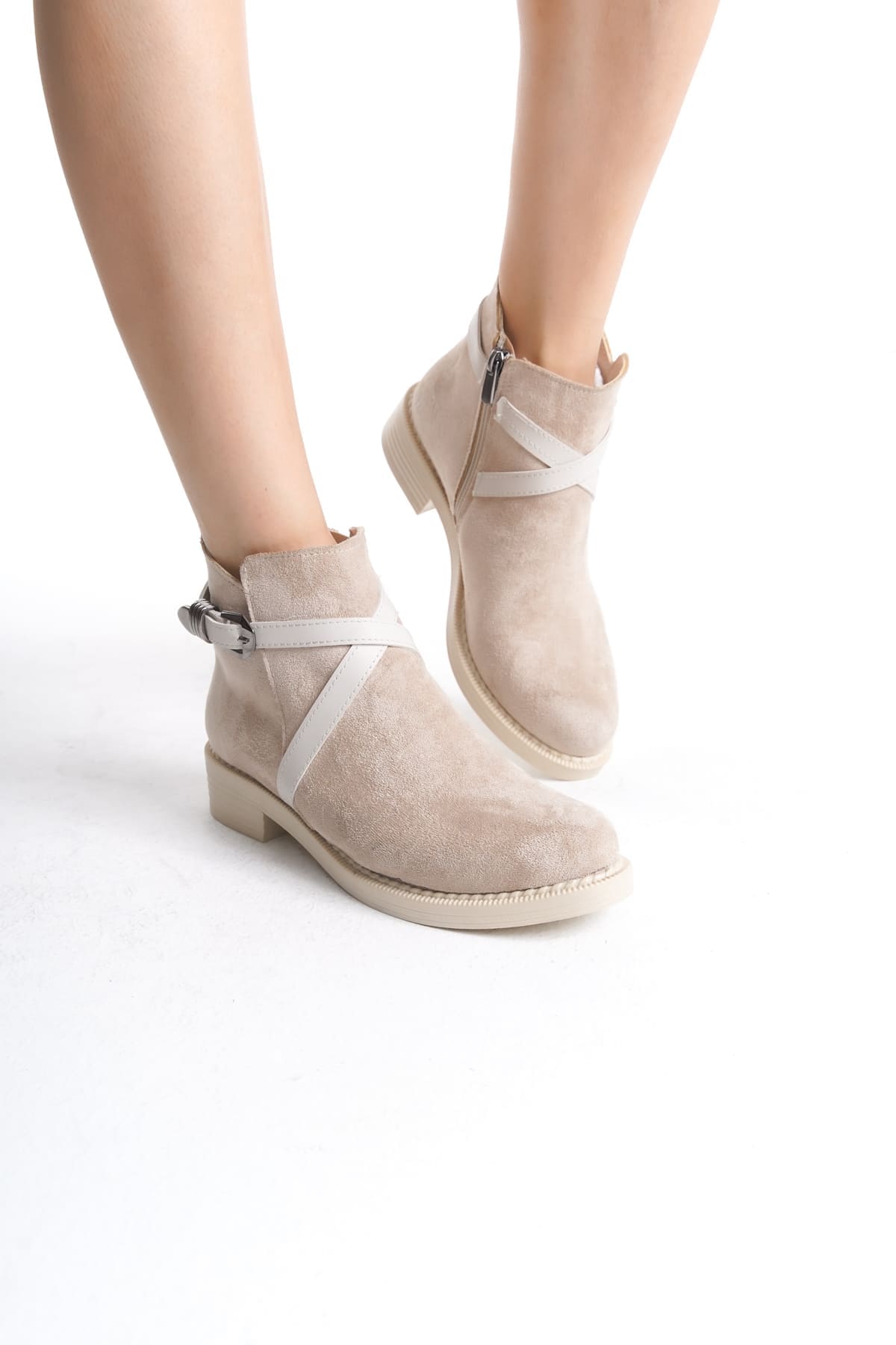 ALMILA Fermuarlı Lastikli Ortopedik Taban Topuklu Süet Kadın Bot  STT - Ten - 39