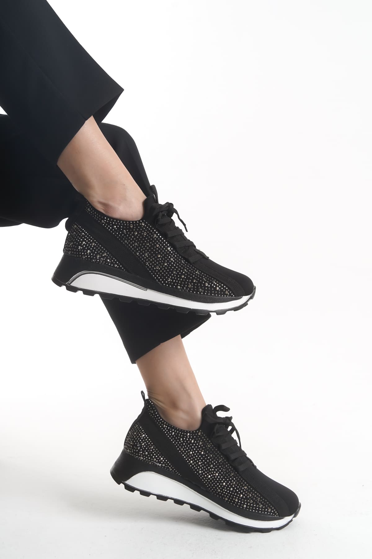 ALYA Bağcıklı Ortopedik Taban Taşlı Kadın Sneaker Spor Ayakkabı CBT - Siyah - 37 Resim 2