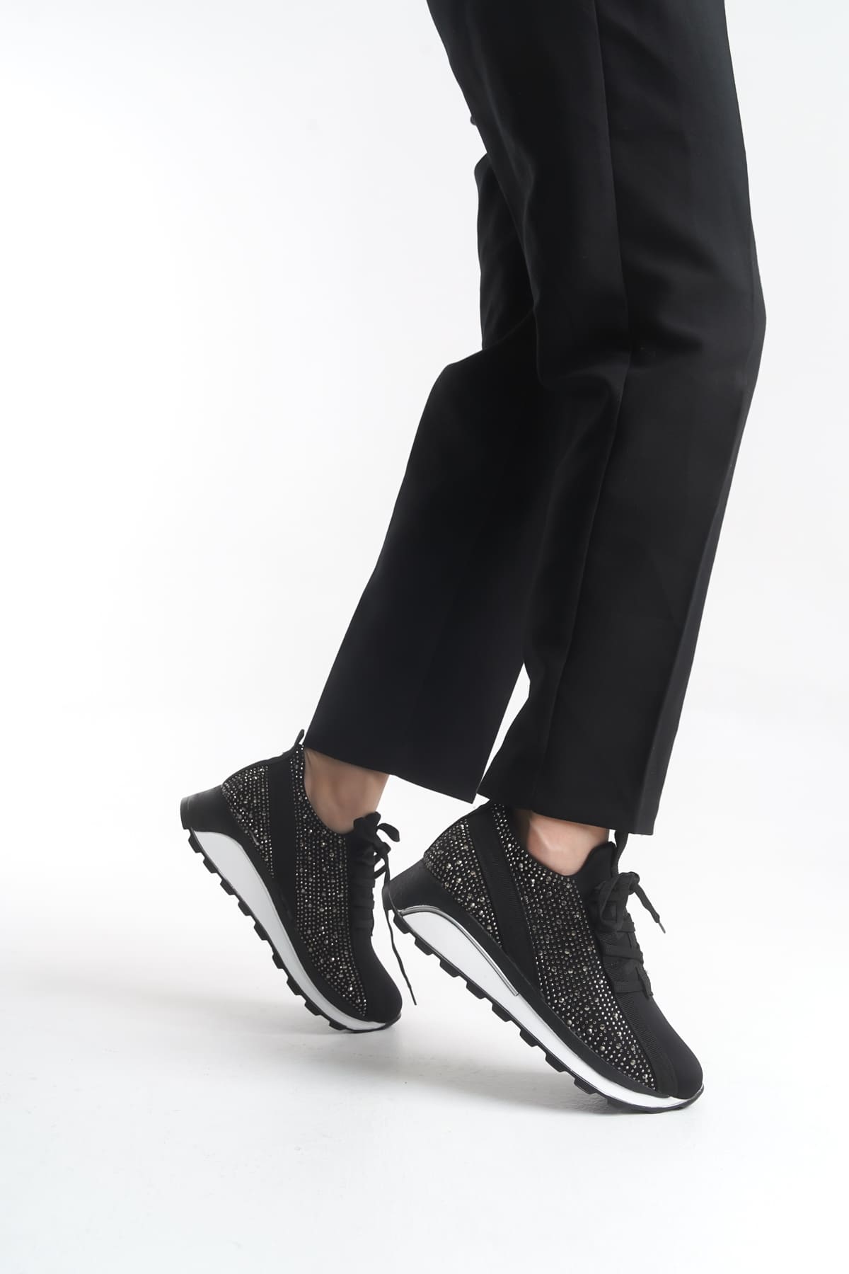 ALYA Bağcıklı Ortopedik Taban Taşlı Kadın Sneaker Spor Ayakkabı CBT - Siyah - 37 Resim 3