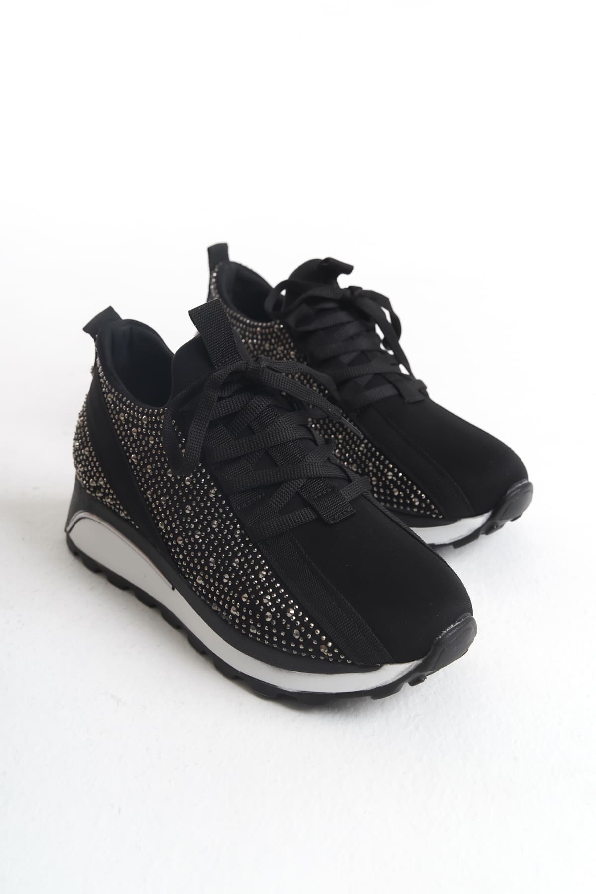 ALYA Bağcıklı Ortopedik Taban Taşlı Kadın Sneaker Spor Ayakkabı CBT - Siyah - 37 Resim 4