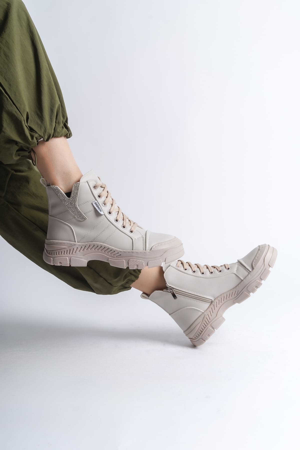 AMBER Bağcıklı Fermuarlı Ortopedik Taban Kadın Bot  CKT - Krem - 40 Resim 4