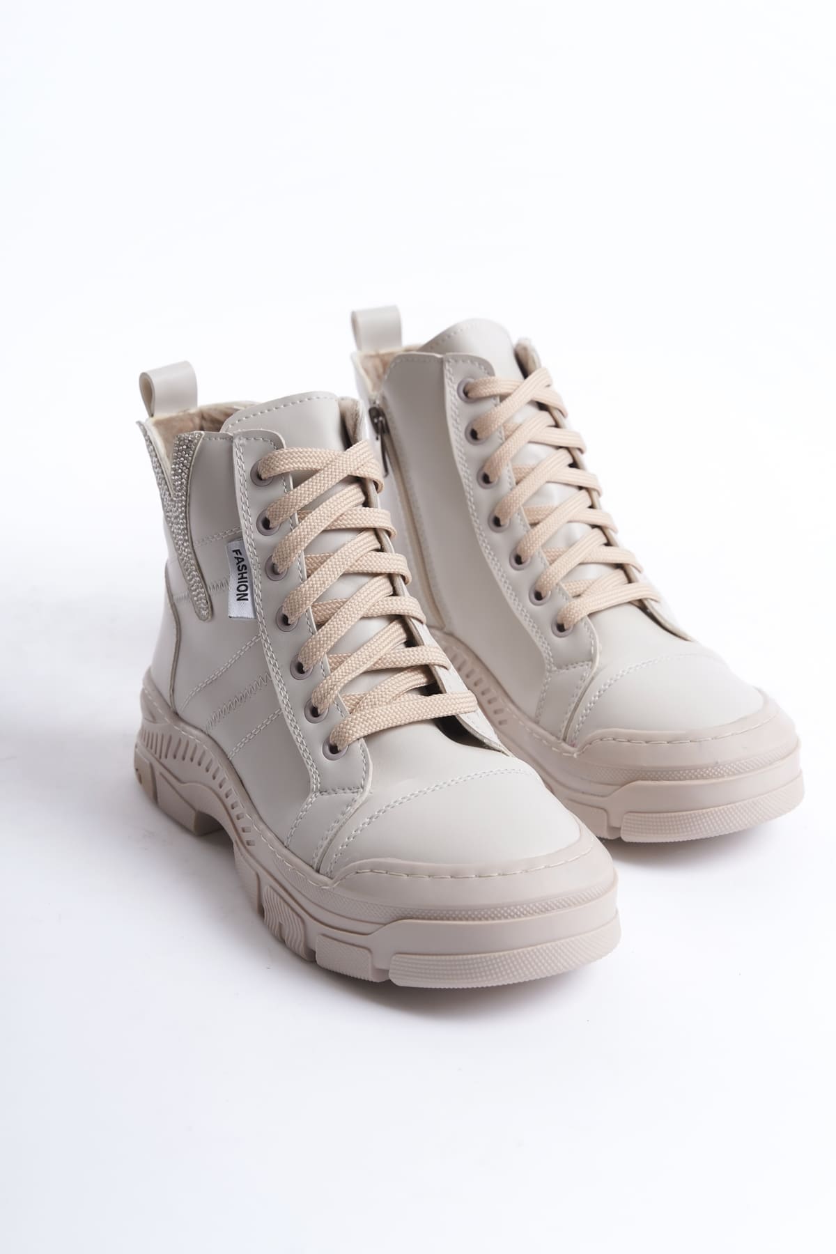 AMBER Bağcıklı Fermuarlı Ortopedik Taban Kadın Bot  CKT - Krem - 40 Resim 5