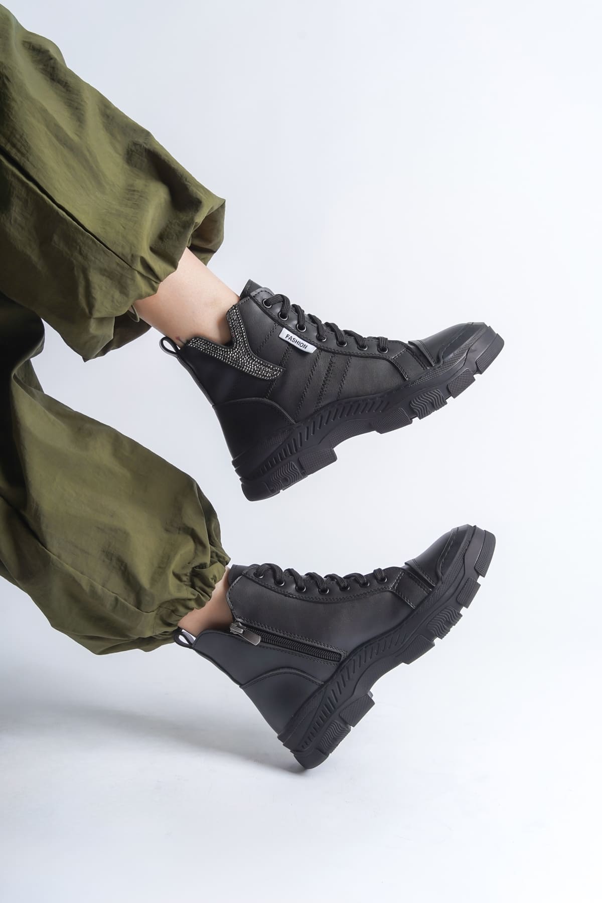 AMBER Bağcıklı Fermuarlı Ortopedik Taban Kadın Bot CST - Siyah - 37 Resim 2