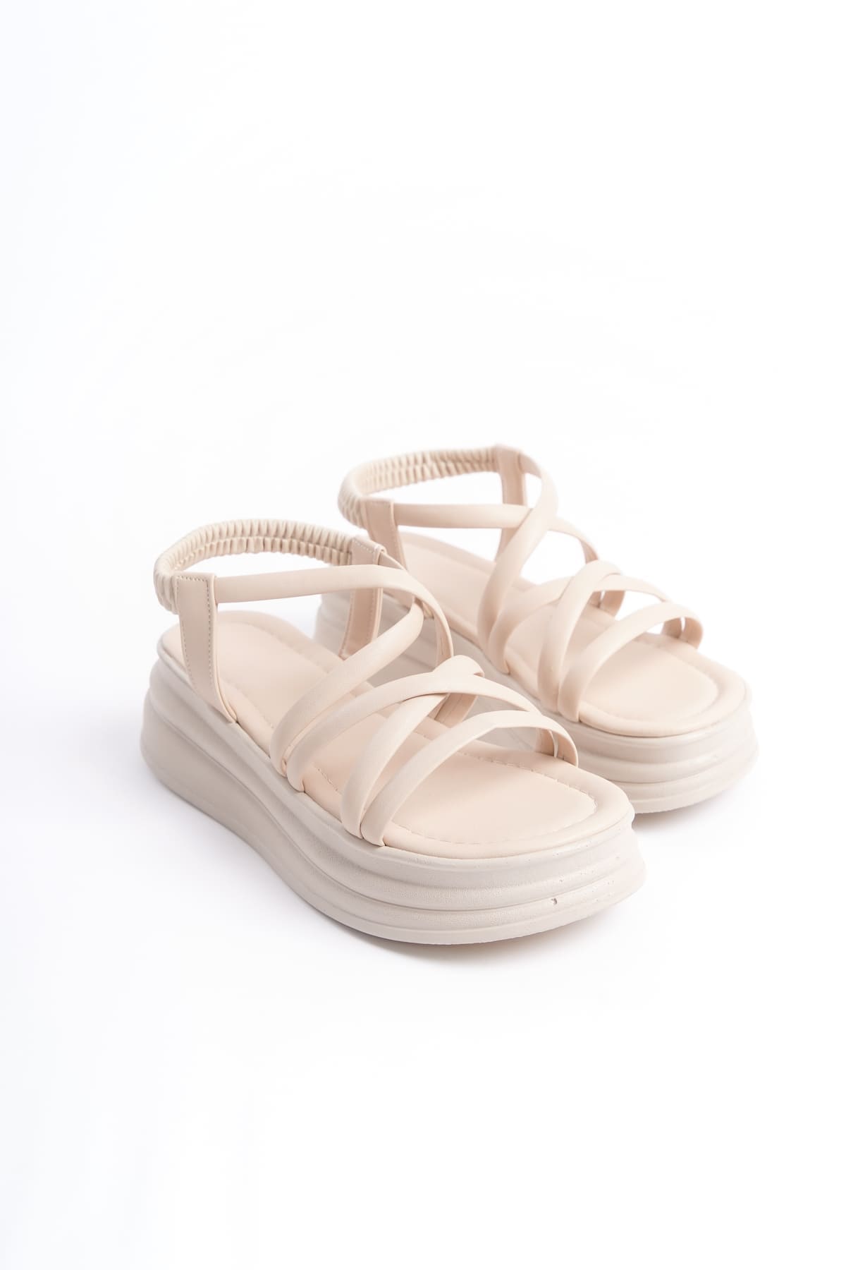 BELLA Lastikli Şerit Detaylı Ortopedik Taban Kadın Sandalet CKT - Krem - 39 Resim 4