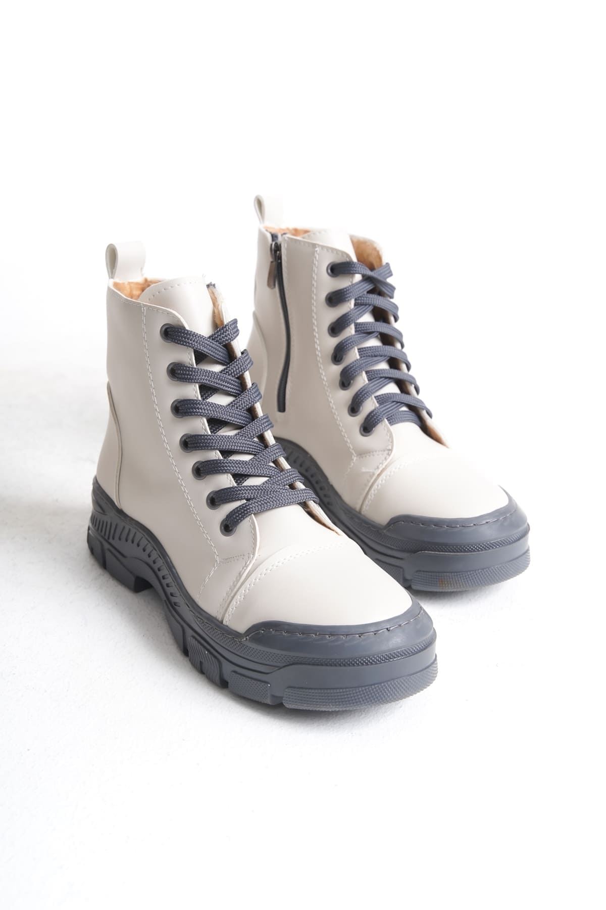 BLOOM Bağcıklı Fermuarlı Ortopedik Taban Kadın Bot  CGT - Krem - 39 Resim 5