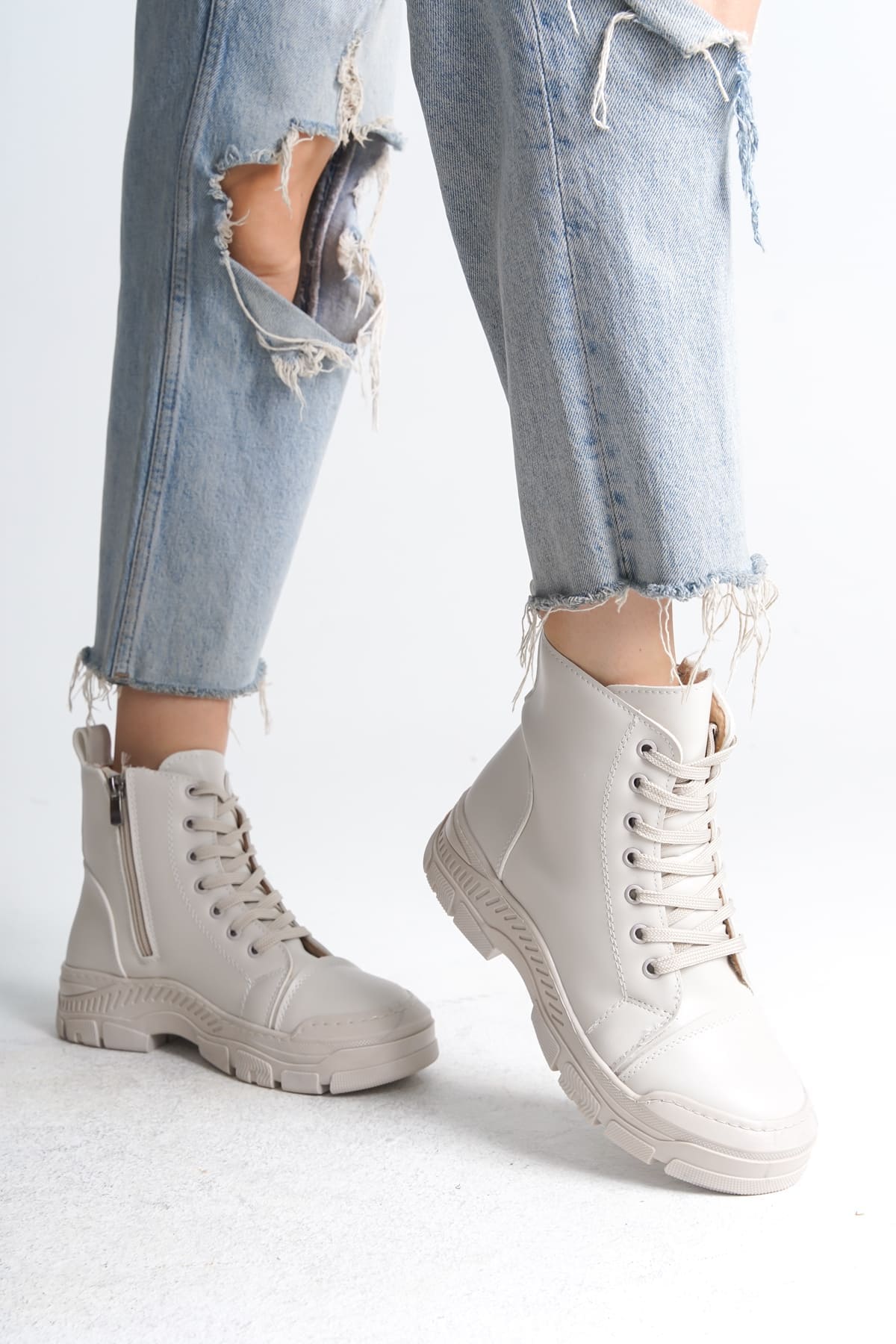 BLOOM Bağcıklı Fermuarlı Ortopedik Taban Kadın Bot  CKT - Krem - 40 Resim 3
