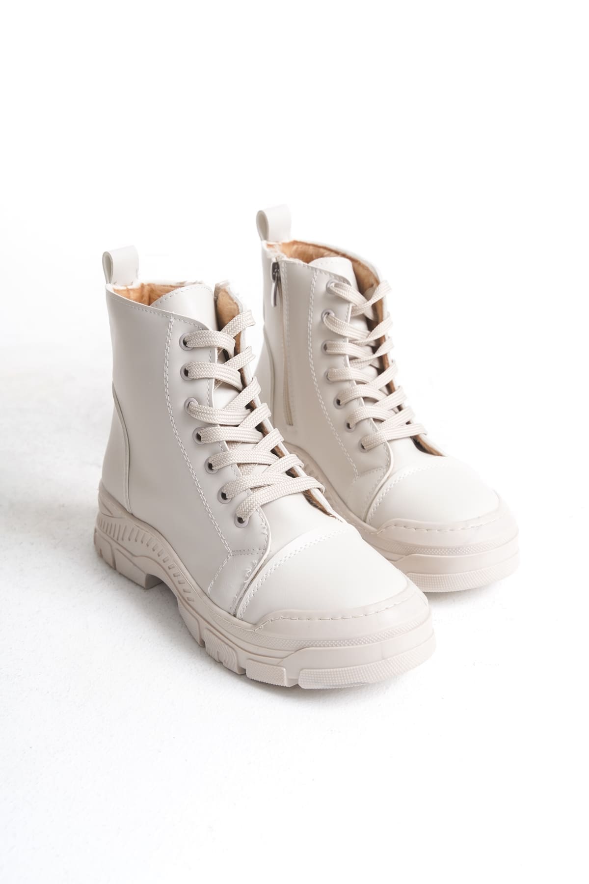 BLOOM Bağcıklı Fermuarlı Ortopedik Taban Kadın Bot  CKT - Krem - 40 Resim 5