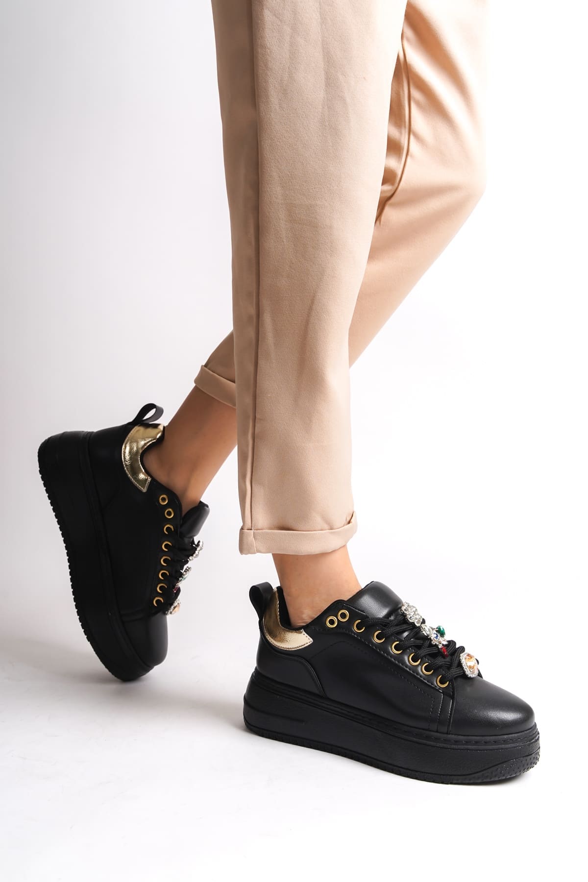BRIANNA Vineyard Orthopedic Base Colorful Stone Decor Women Sneaker Sport Shoes CST - Black/Gold