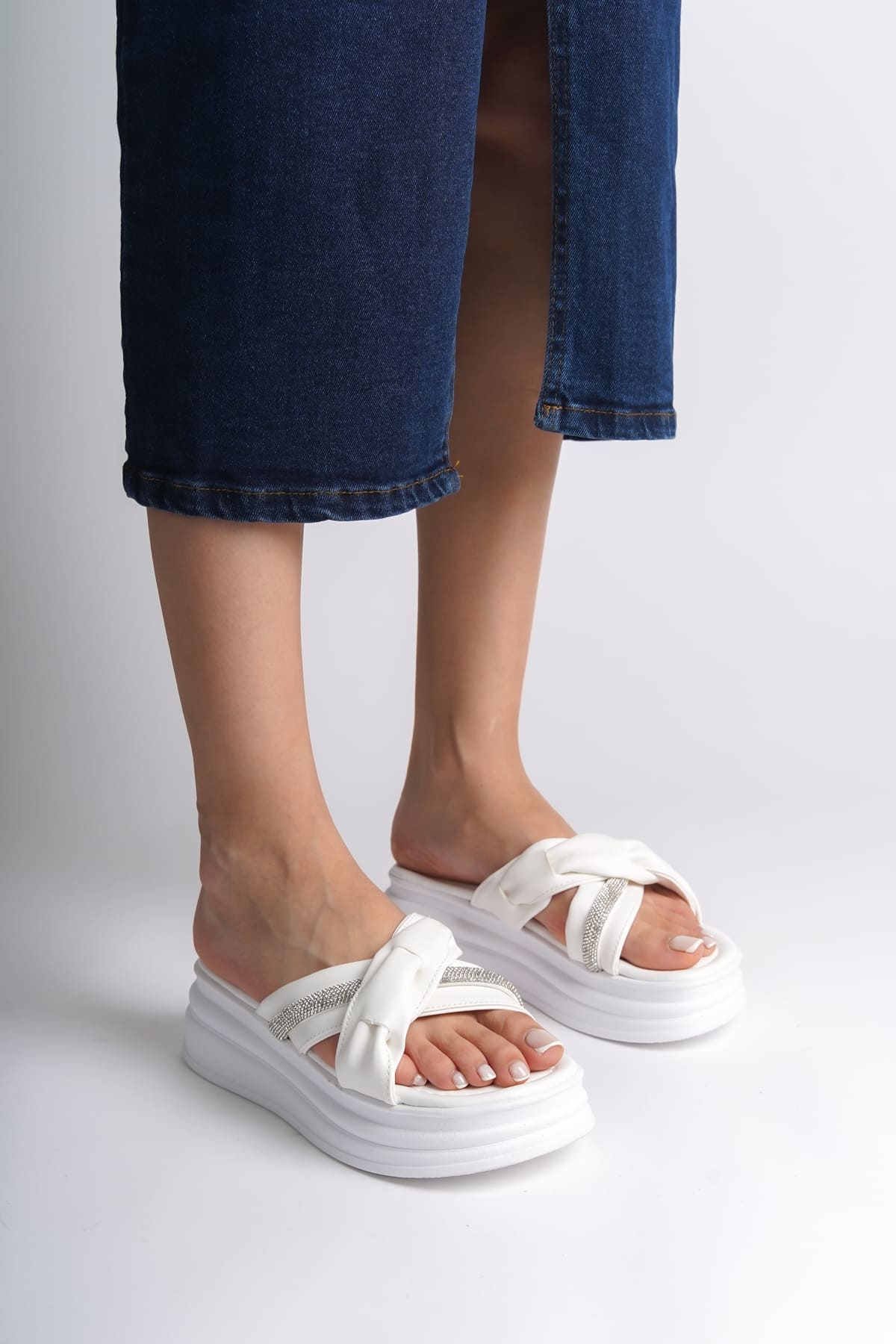 Plain Ballet Patterned Stone Thick and Orthopedic Base Women Slipper CBT - White