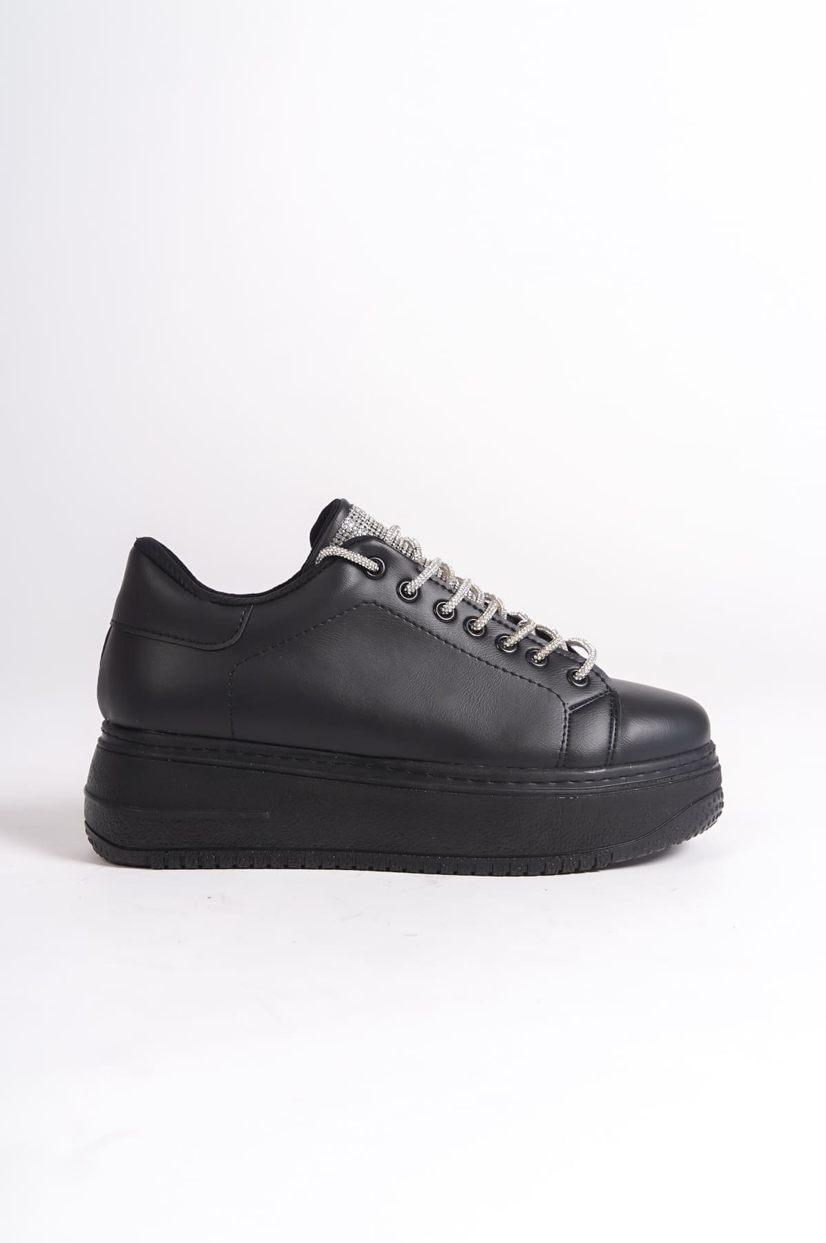 DELLA Bağcıklı Ortopedik Taban Taşlı Siyah Kadın Sneaker