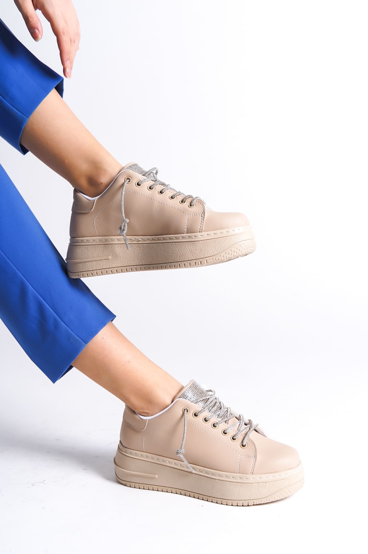 DELLA Bağcıklı Ortopedik Taban Taşlı Kadın Sneaker Spor Ayakkabı CTT - Ten - 36 Resim 2