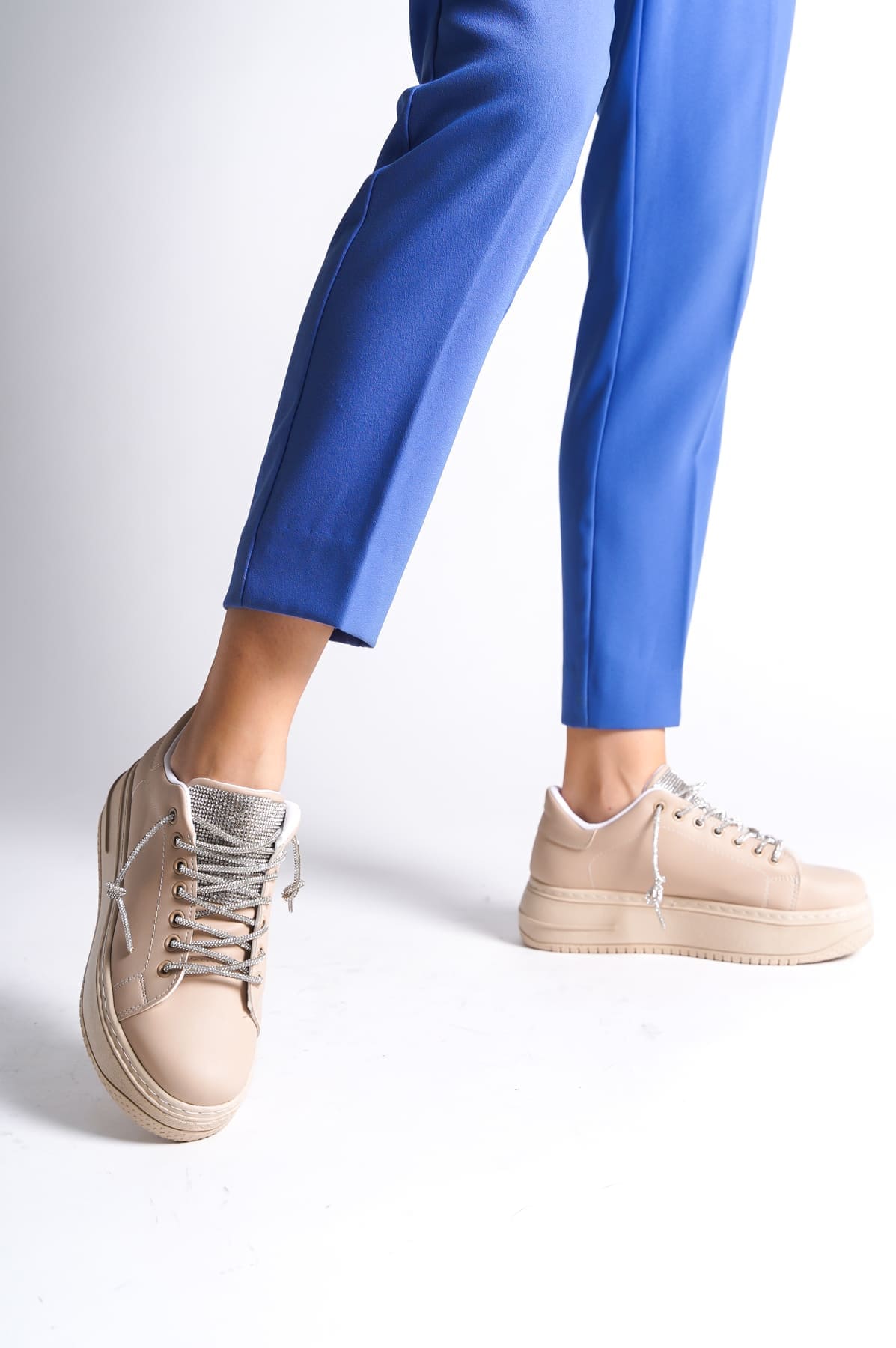 DELLA Bağcıklı Ortopedik Taban Taşlı Kadın Sneaker Spor Ayakkabı CTT - Ten - 36 Resim 3