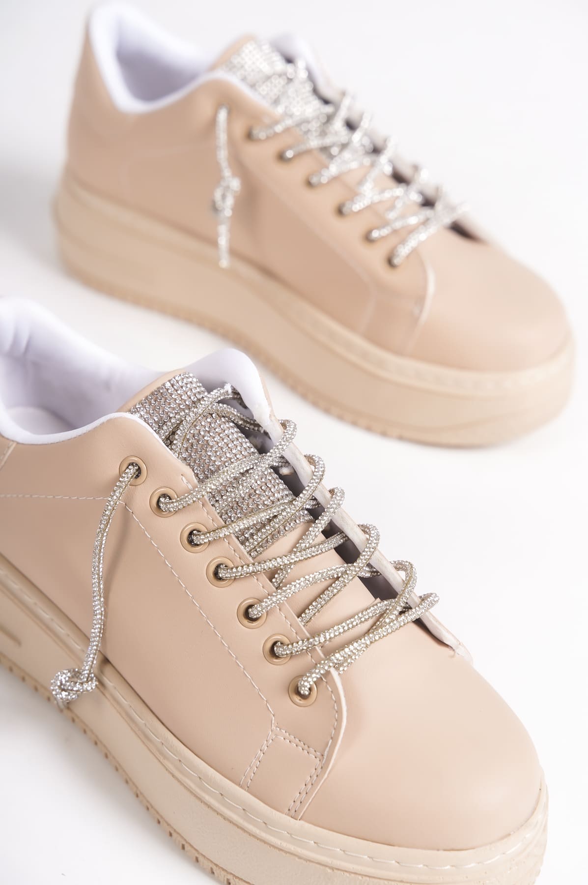 DELLA Bağcıklı Ortopedik Taban Taşlı Kadın Sneaker Spor Ayakkabı CTT - Ten - 36 Resim 5