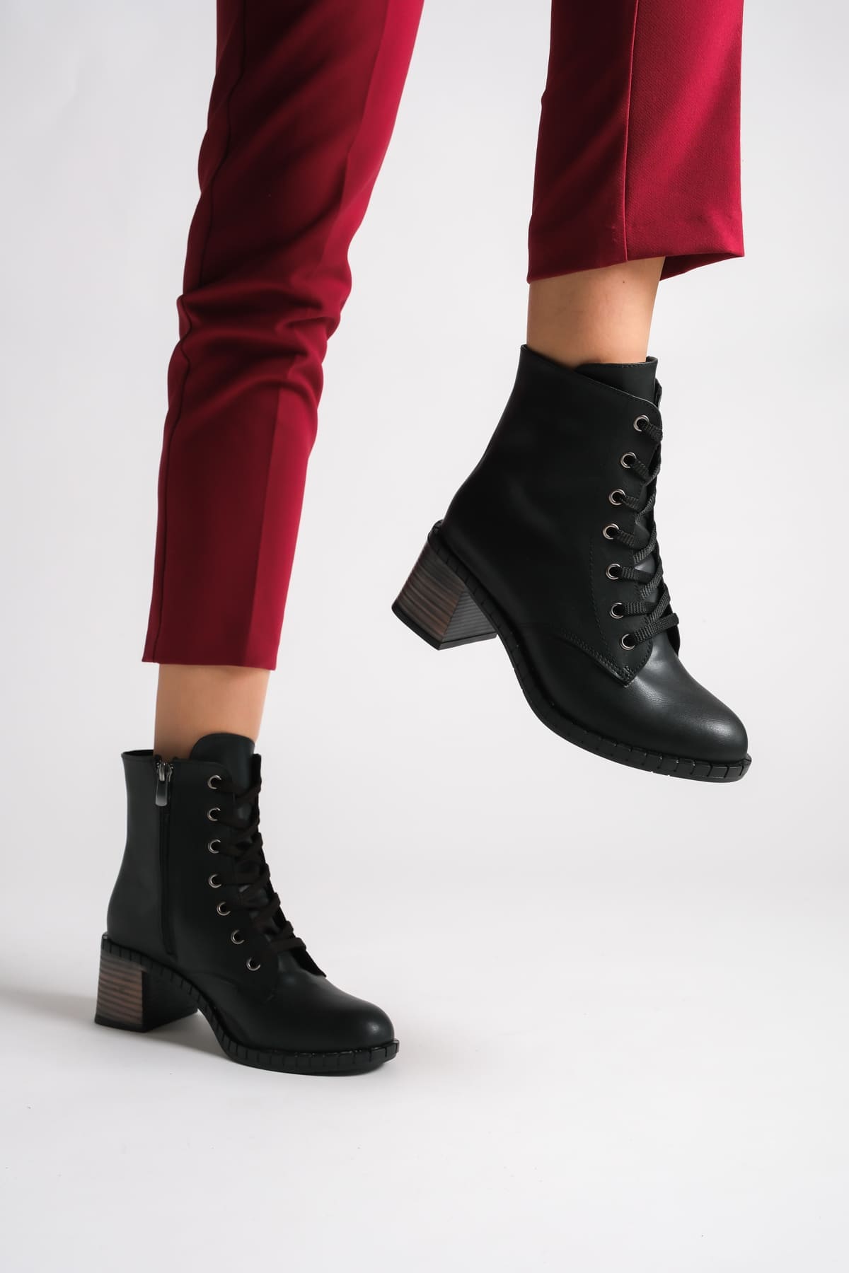 DIANA Bağcıklı Fermuarlı Ortopedik Taban Topuklu Kadın Bot CST - Siyah - 39 Resim 3