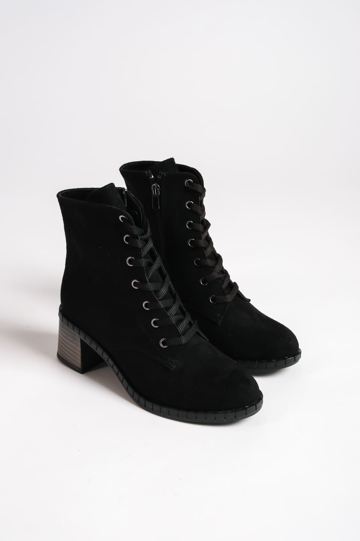 DIANA Bağcıklı Fermuarlı Ortopedik Taban Topuklu Süet Kadın Bot  SST - Siyah - 39 Resim 4