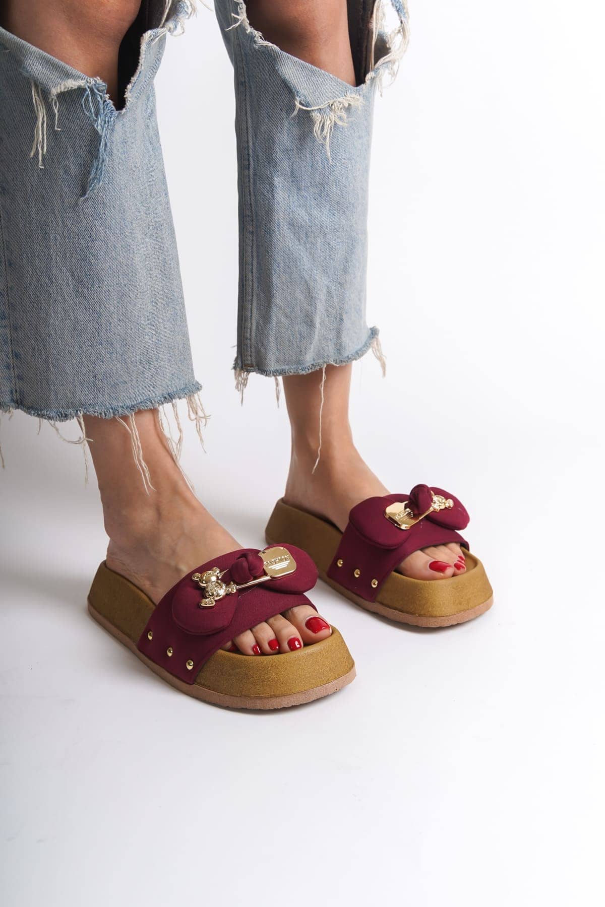 DILA Kalın ve Ortopedik Taban Ayıcıklı Saten Kadın Terlik  SKT - Bordo - 39