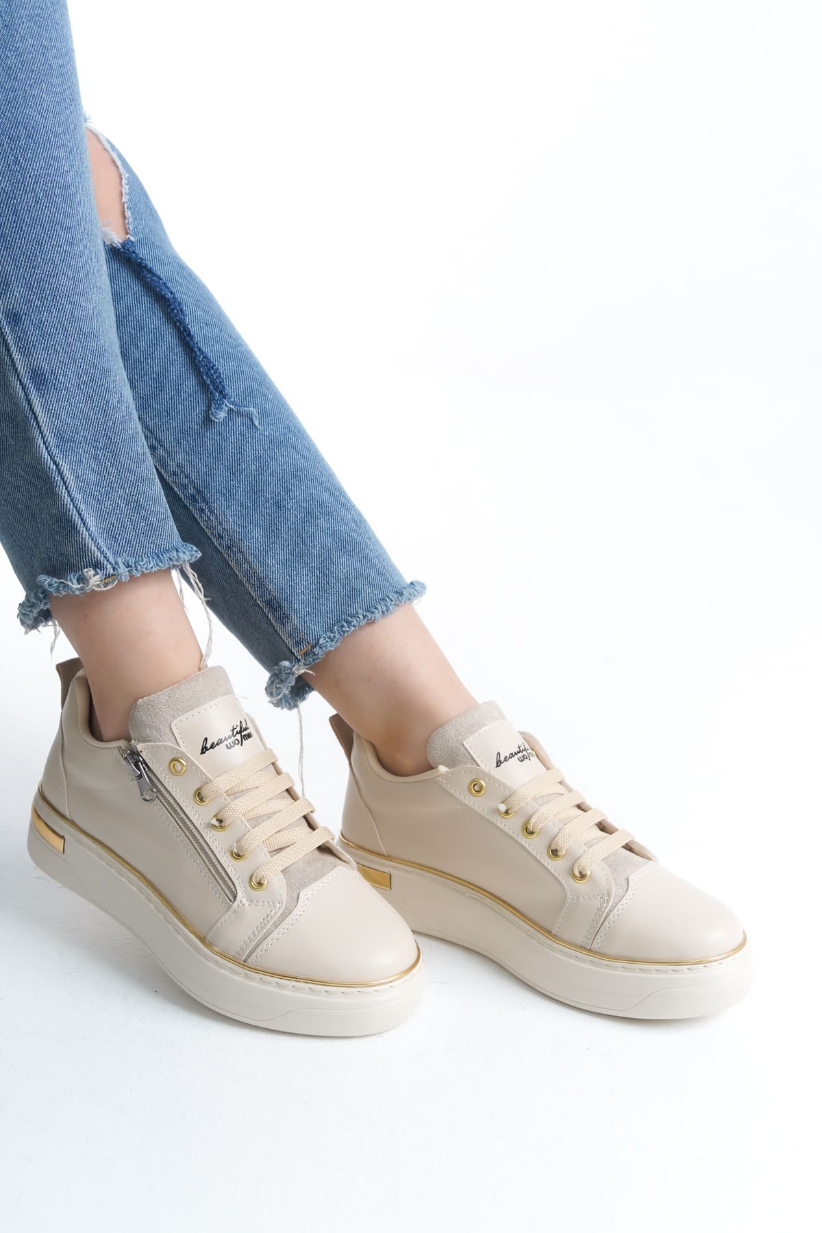 DINA Bağcıklı Fermuarlı Ortopedik Taban Kadın Sneaker Spor Ayakkabı  CKT - Krem/Altın - 37 Resim 2