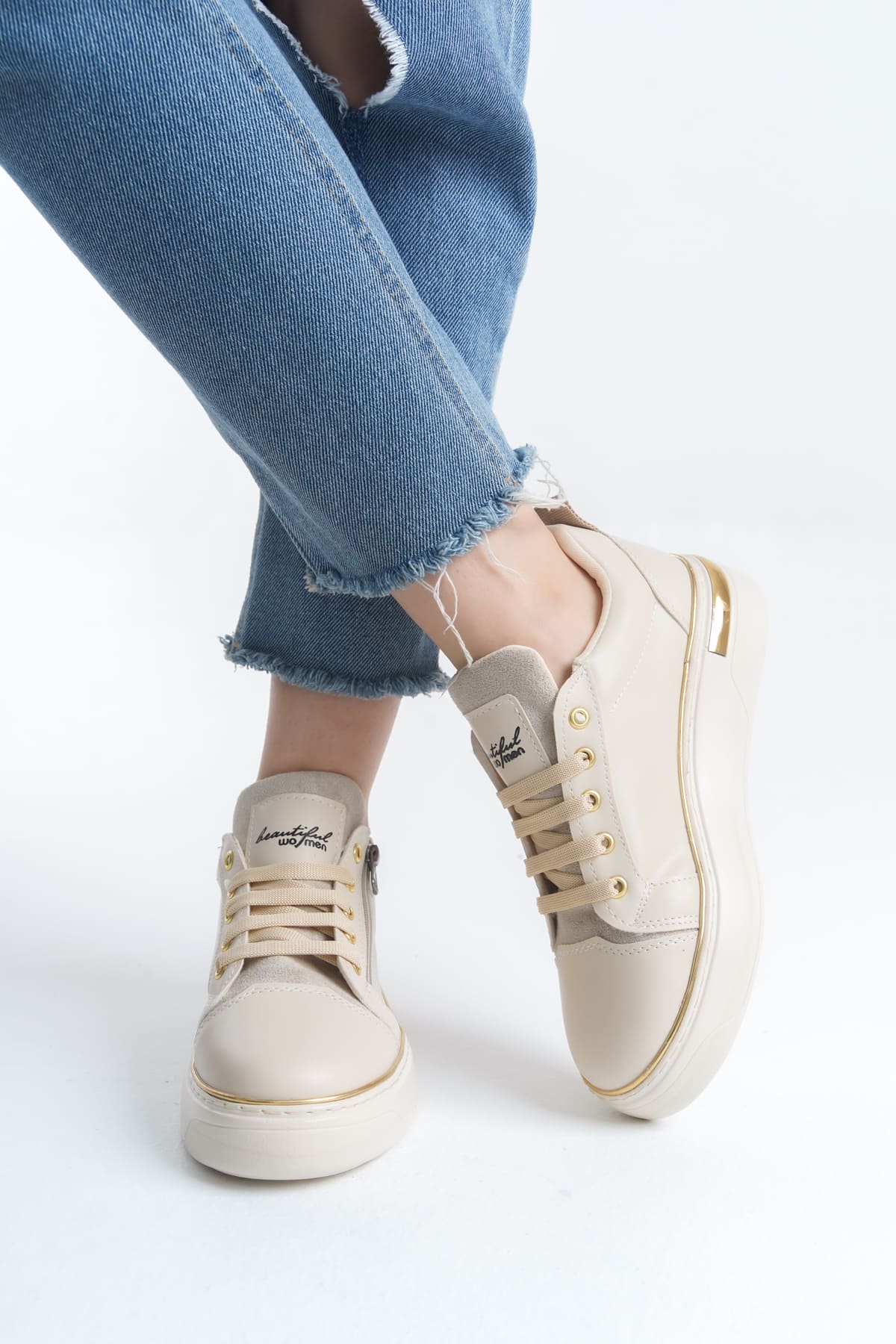 DINA Bağcıklı Fermuarlı Ortopedik Taban Kadın Sneaker Spor Ayakkabı  CKT - Krem/Altın - 37 Resim 3