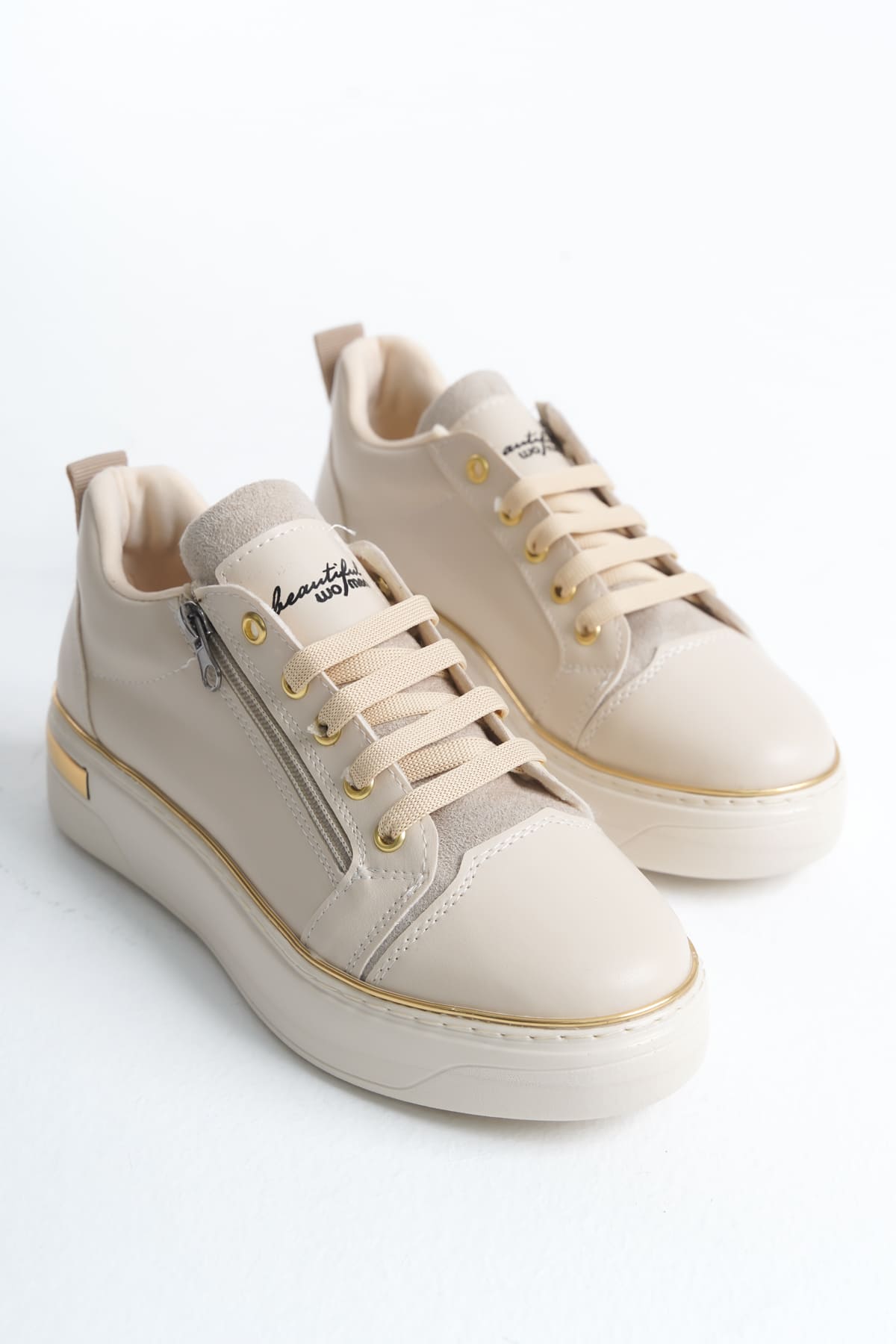 DINA Bağcıklı Fermuarlı Ortopedik Taban Kadın Sneaker Spor Ayakkabı  CKT - Krem/Altın - 37 Resim 4