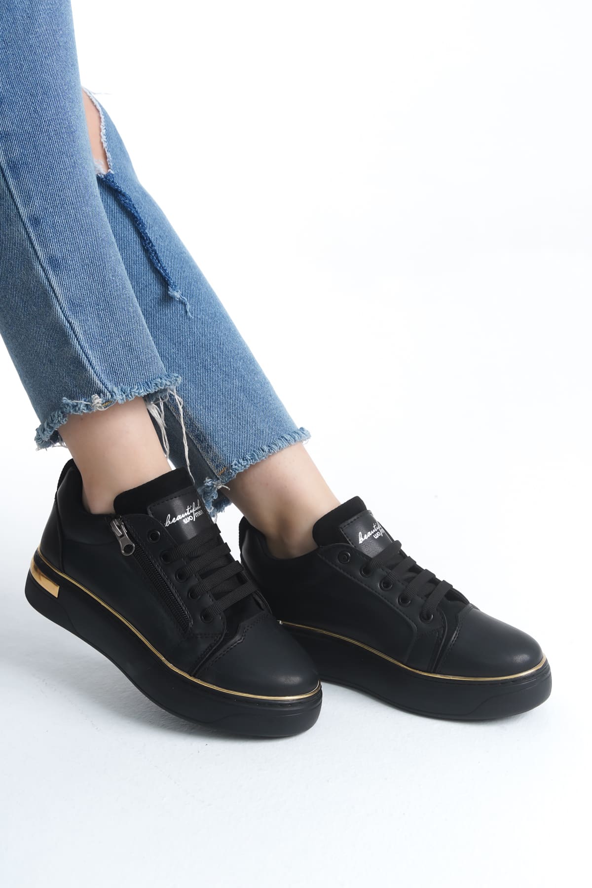 DINA Bağcıklı Fermuarlı Ortopedik Taban Kadın Sneaker Spor Ayakkabı  CST - Siyah/Altın - 37 Resim 2