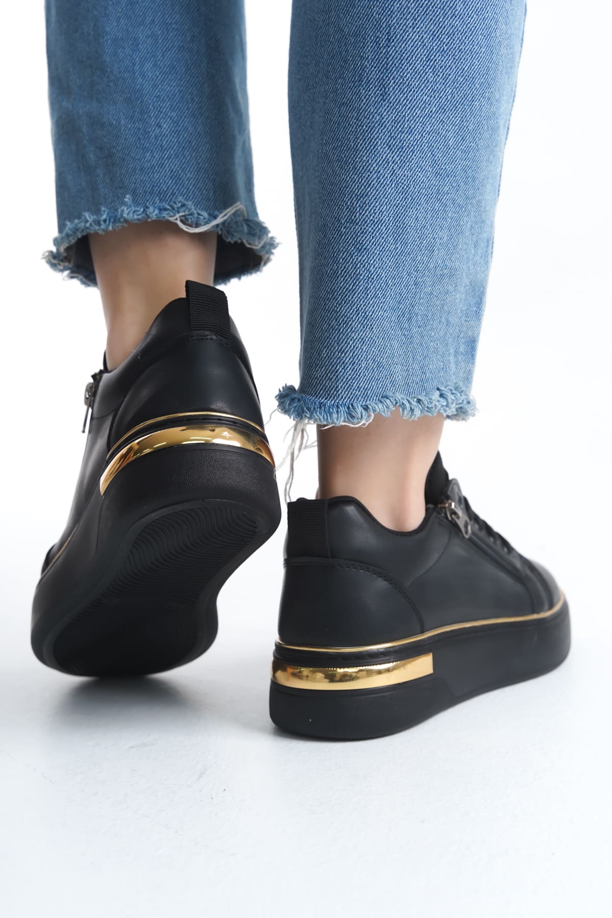 DINA Bağcıklı Fermuarlı Ortopedik Taban Kadın Sneaker Spor Ayakkabı  CST - Siyah/Altın - 37 Resim 3