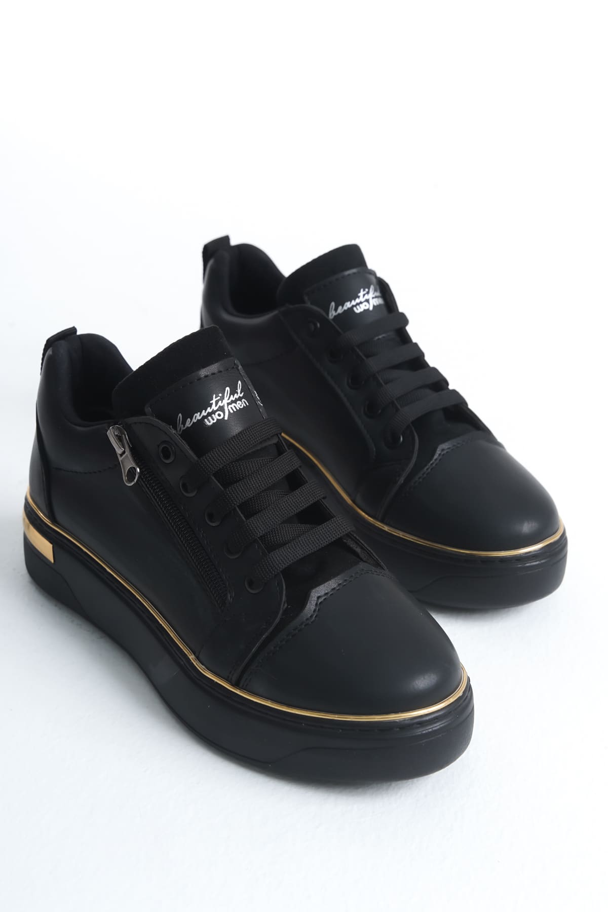 DINA Bağcıklı Fermuarlı Ortopedik Taban Kadın Sneaker Spor Ayakkabı  CST - Siyah/Altın - 37 Resim 4