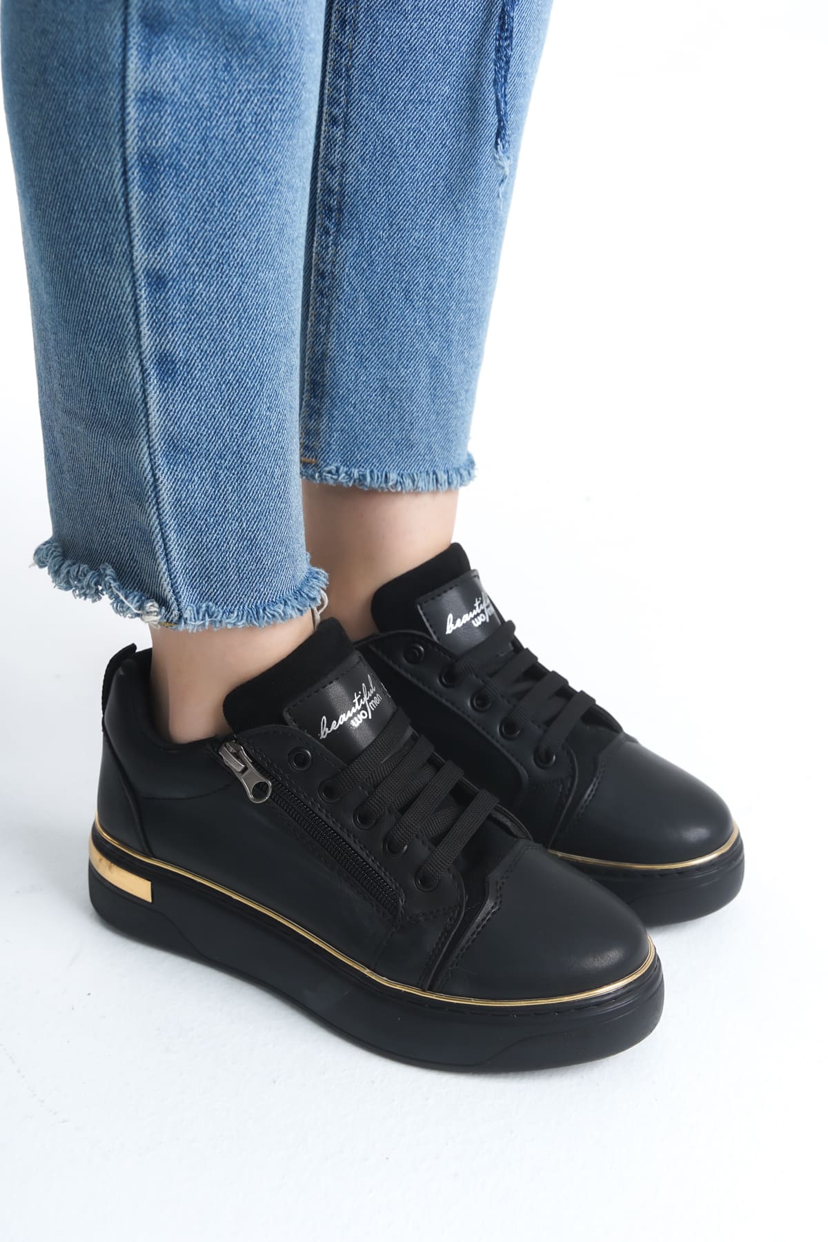 DINA Bağcıklı Fermuarlı Ortopedik Taban Kadın Sneaker Spor Ayakkabı  CST - Siyah/Altın