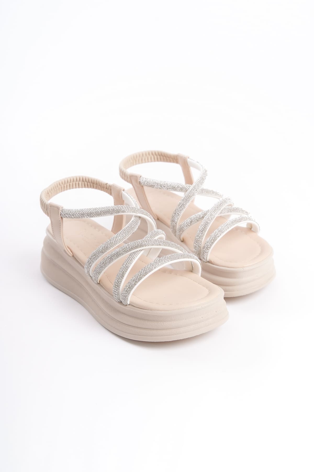 ELENA Lastikli Taşlı Şeritli Ortopedik Taban Kadın Sandalet  CKT - Krem - 37 Resim 4