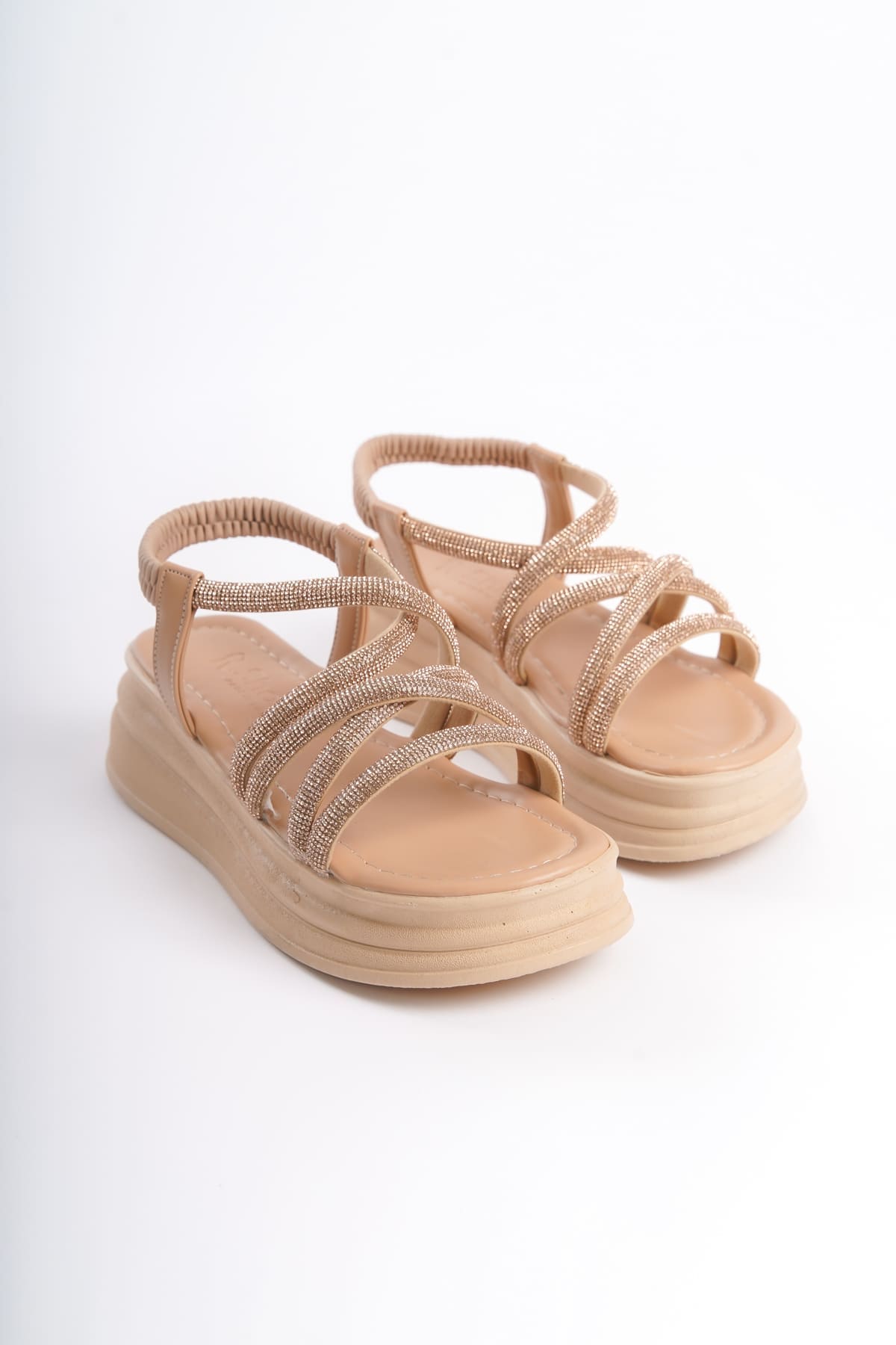 ELENA Lastikli Taşlı Şeritli Ortopedik Taban Kadın Sandalet CTT - Ten - 40 Resim 4