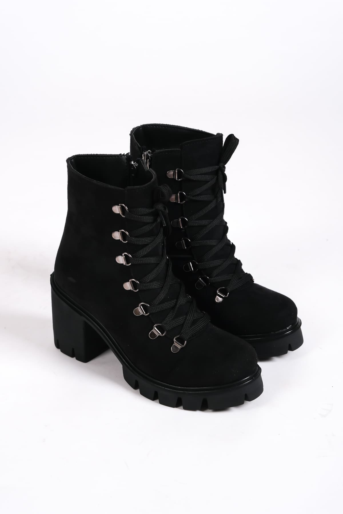 EMMA Bağcıklı Fermuarlı Ortopedik Taban Topuklu Süet Kadın Bot  SST - Siyah - 40 Resim 4