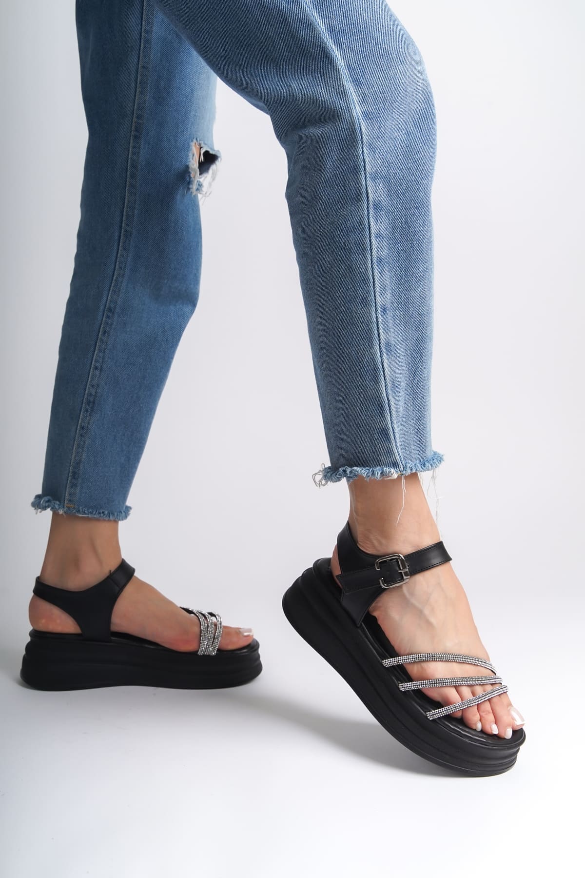 EVA Thick Buckleed Stripe Orthopedic Base Female Sandals CST - Black