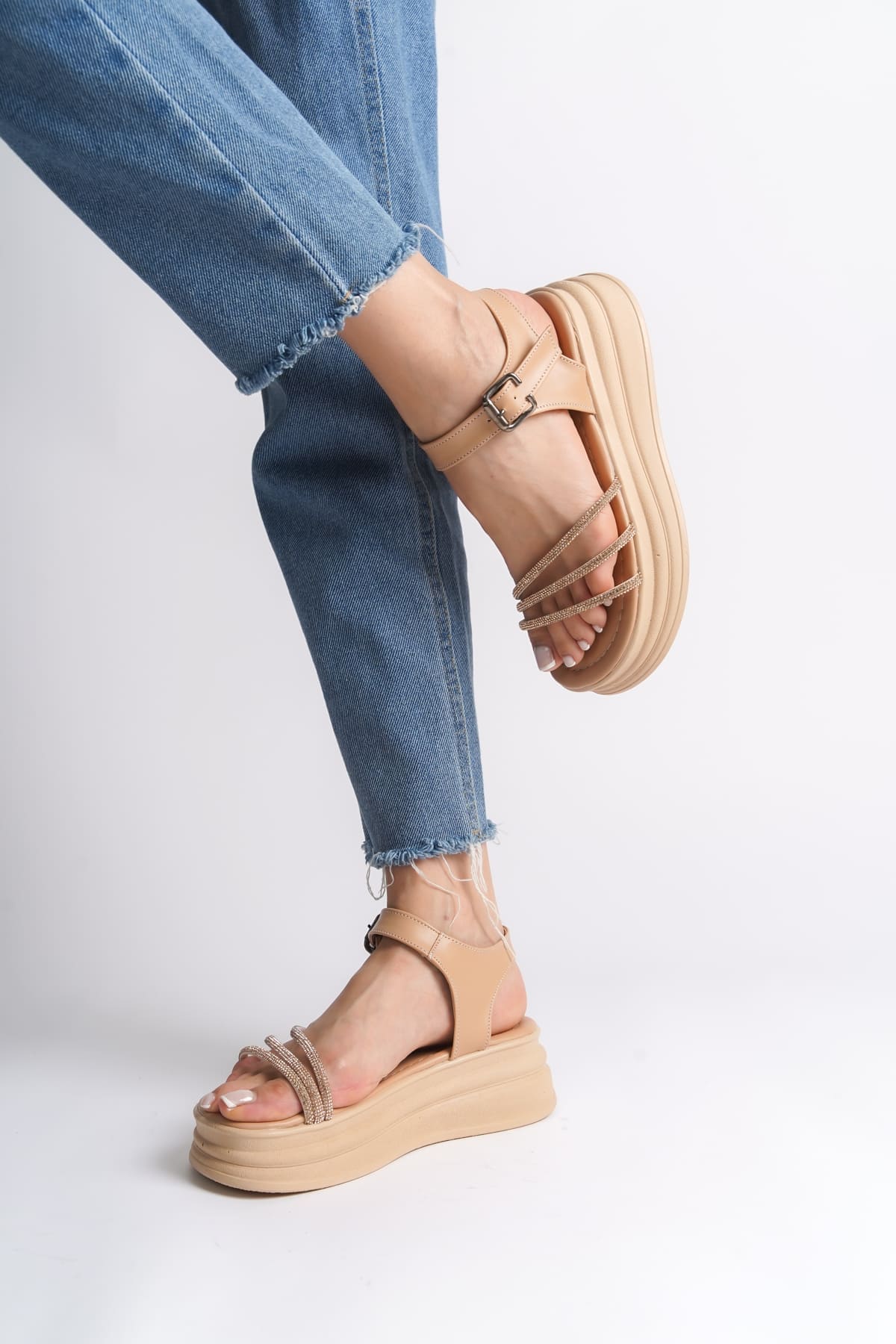 EVA Kalın Tokalı Taşlı Şeritli Ortopedik Taban Kadın Sandalet  CTT - Ten - 39 Resim 3