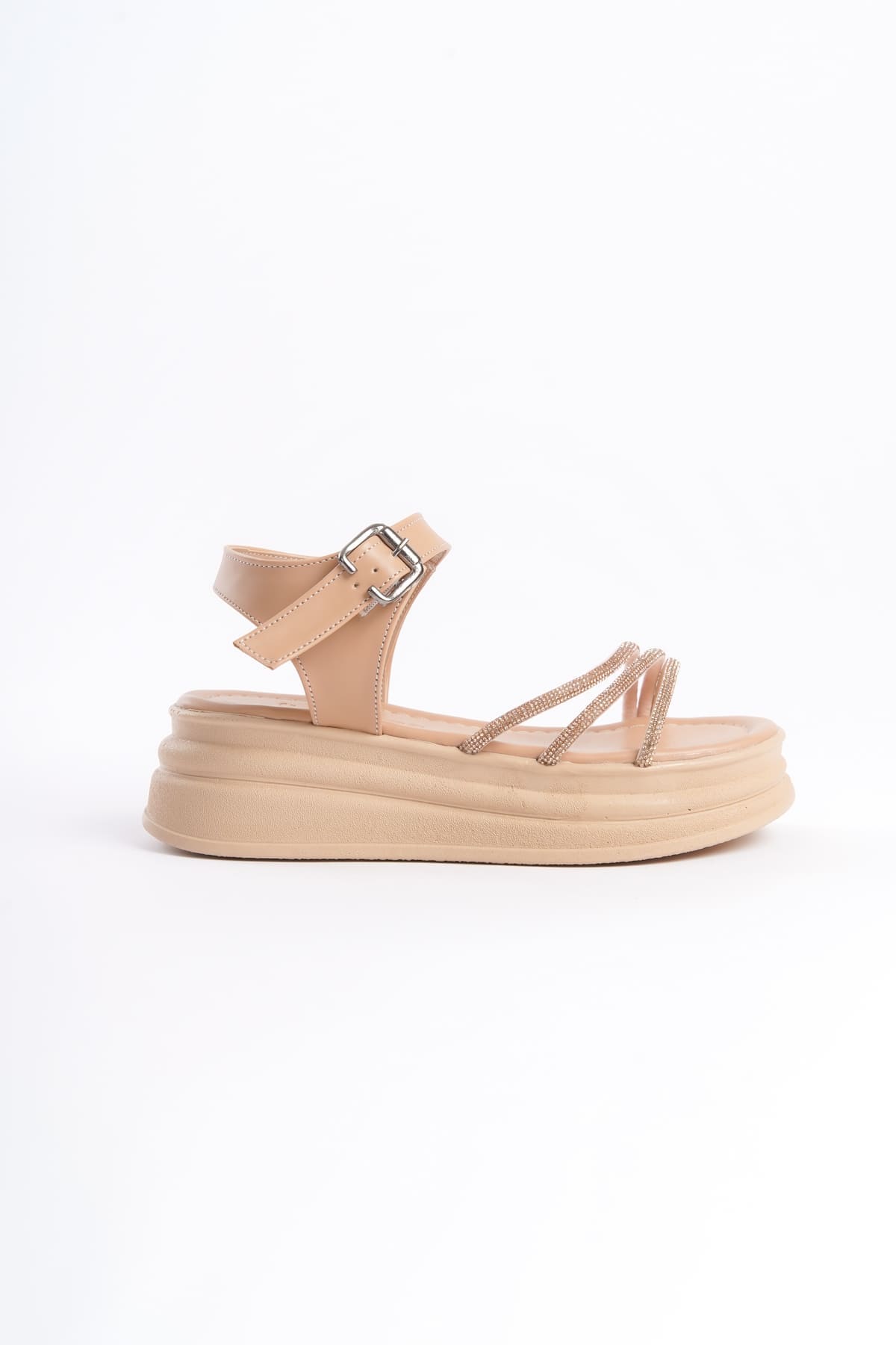 EVA Kalın Tokalı Taşlı Şeritli Ortopedik Ten Rengi Kadın Sandalet