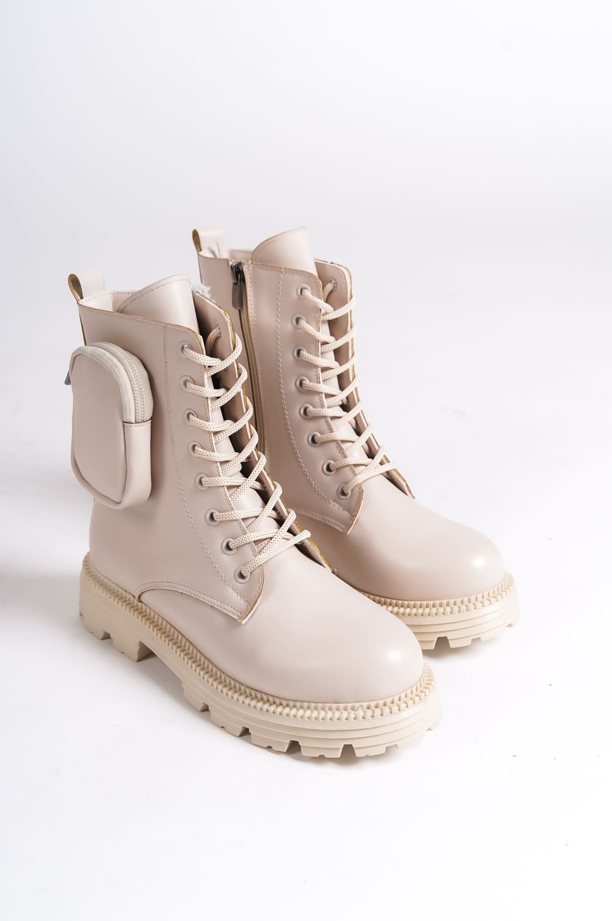 GINA Bağcıklı Fermuarlı Ortopedik Taban Çantalı Kadın Bot CKT - Krem - 37 Resim 4