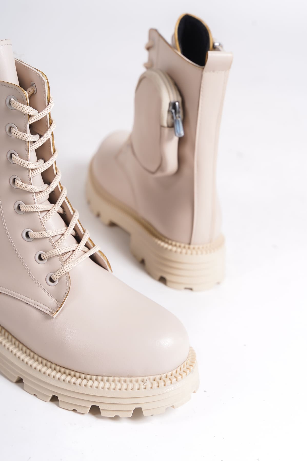 GINA Bağcıklı Fermuarlı Ortopedik Taban Çantalı Kadın Bot  CKT - Krem - 37 Resim 5