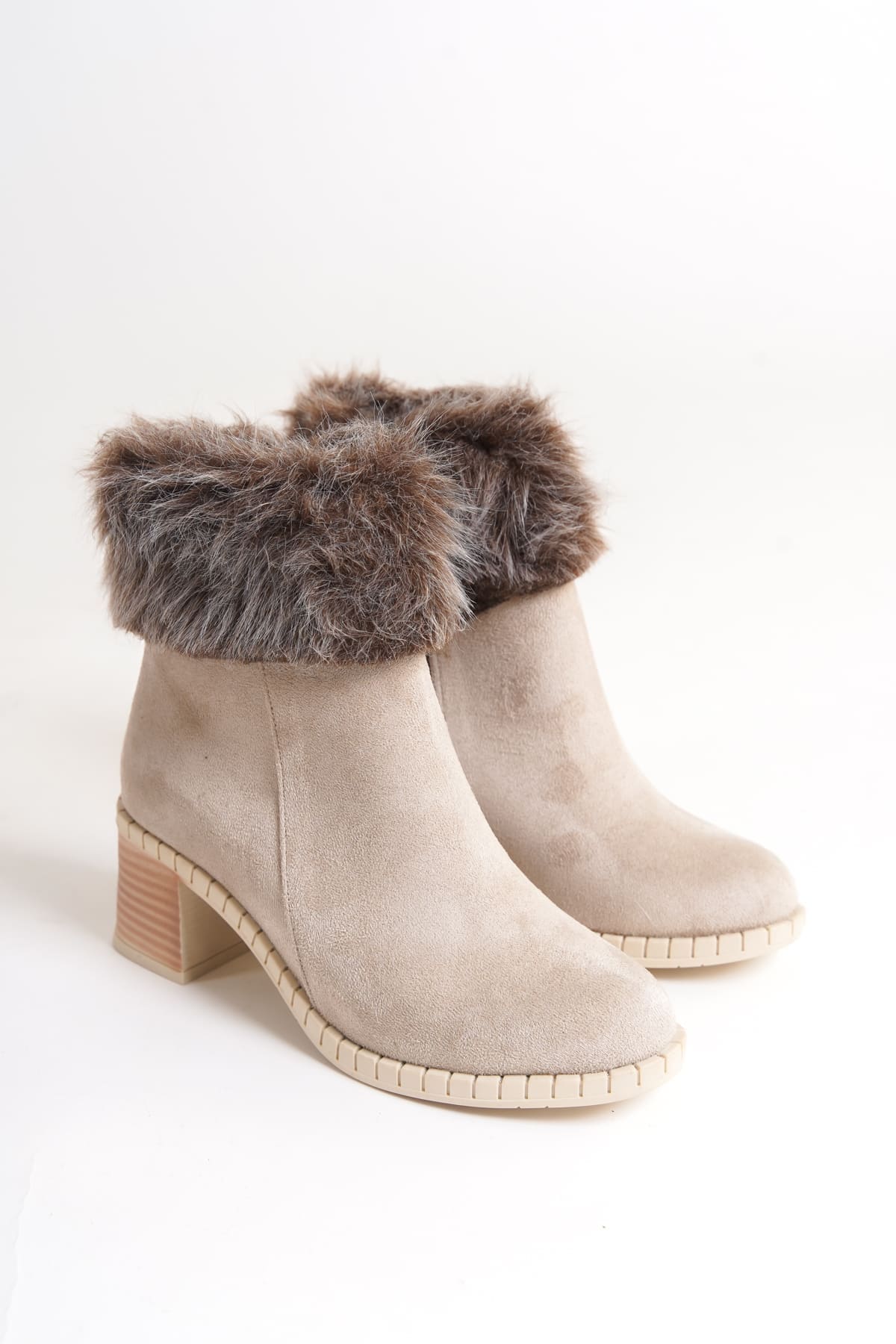 JULIA Fermuarlı Ortopedik Taban Tüylü Topuklu Süet Kadın Bot SKT - Krem - 40 Resim 4