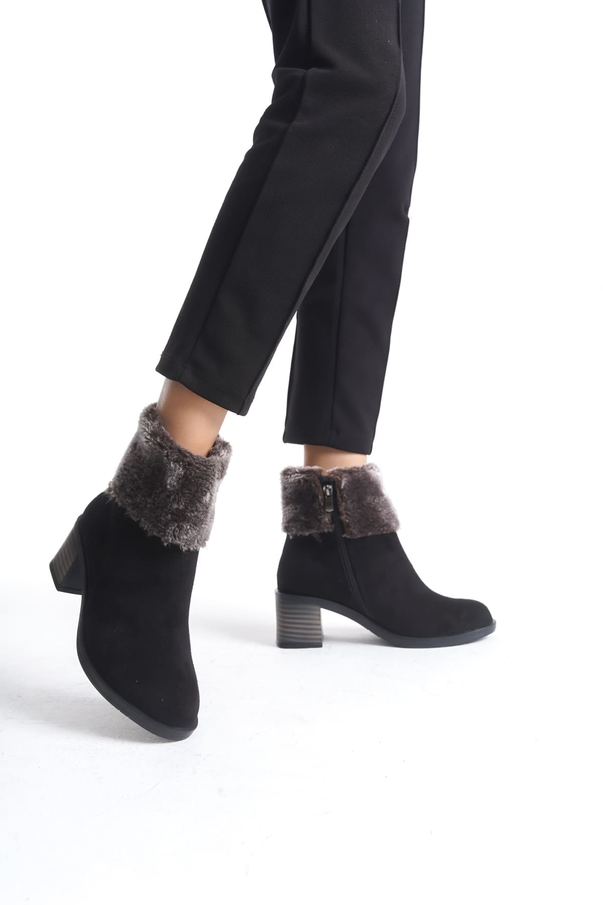 KATYA Zippered Orthopedic Sole Fur Detailed Suede Women Bot SST - Black