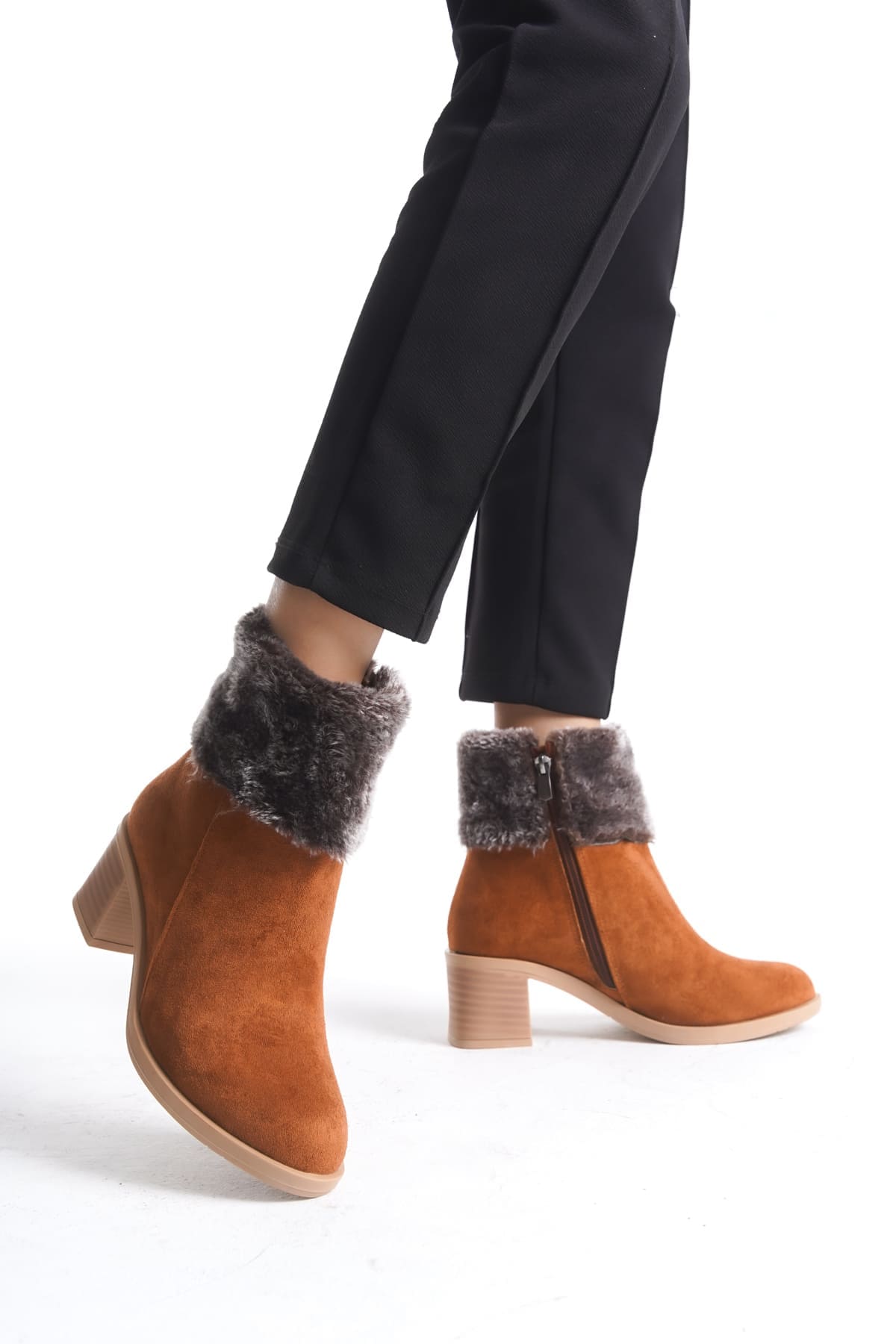 KATYA Fermuarlı Ortopedik Taban Topuklu Kürk Detaylı Süet Kadın Bot STT - Taba - 39 Resim 2