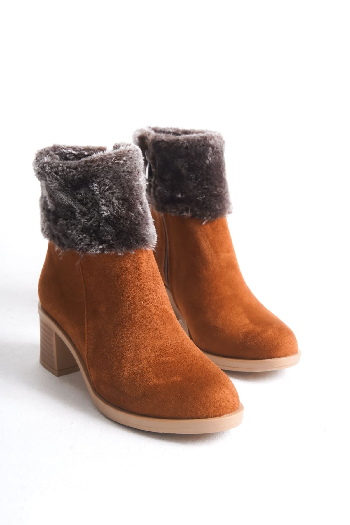 KATYA Fermuarlı Ortopedik Taban Topuklu Kürk Detaylı Süet Kadın Bot  STT - Taba - 39 Resim 4