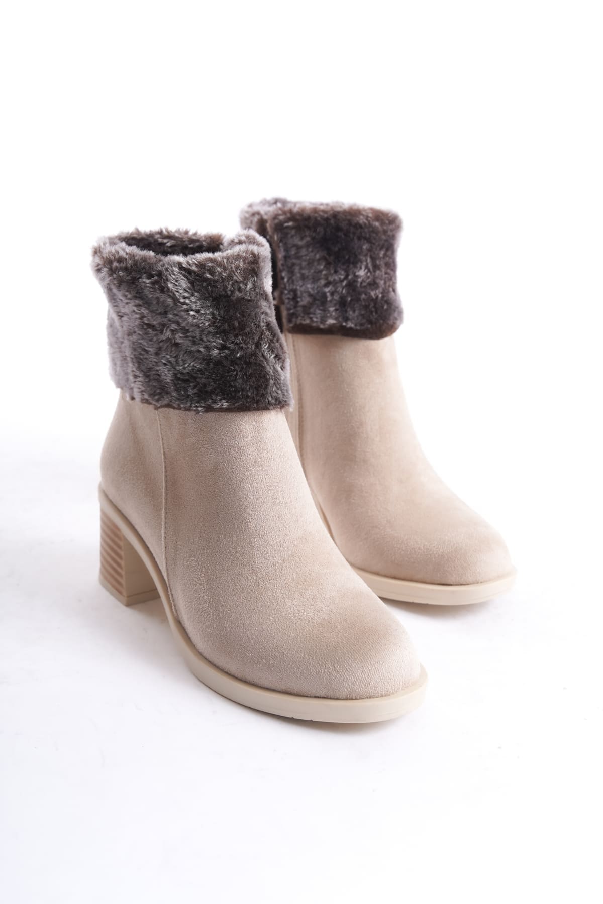 KATYA Fermuarlı Ortopedik Taban Topuklu Kürk Detaylı Süet Kadın Bot  STT - Ten - 38 Resim 5