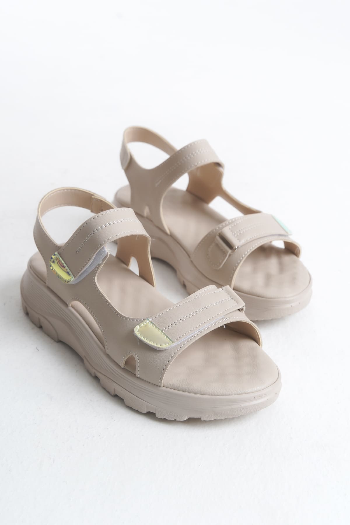 LAMIA Cırt Cırtlı Ortopedik Taban Kadın Sandalet CKT - Krem - 39 Resim 4