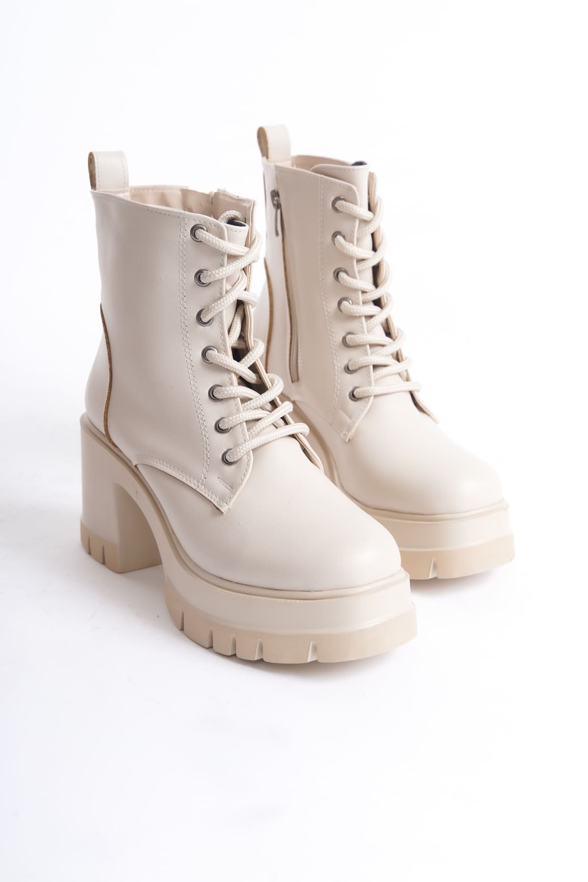 LAUREN Bağcıklı Fermuarlı Ortopedik Taban Topuklu Kadın Bot  CKT - Krem - 40 Resim 5