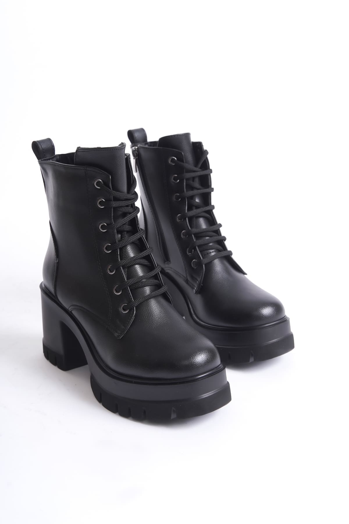 LAUREN Bağcıklı Fermuarlı Ortopedik Taban Topuklu Kadın Bot CST - Siyah - 39 Resim 5