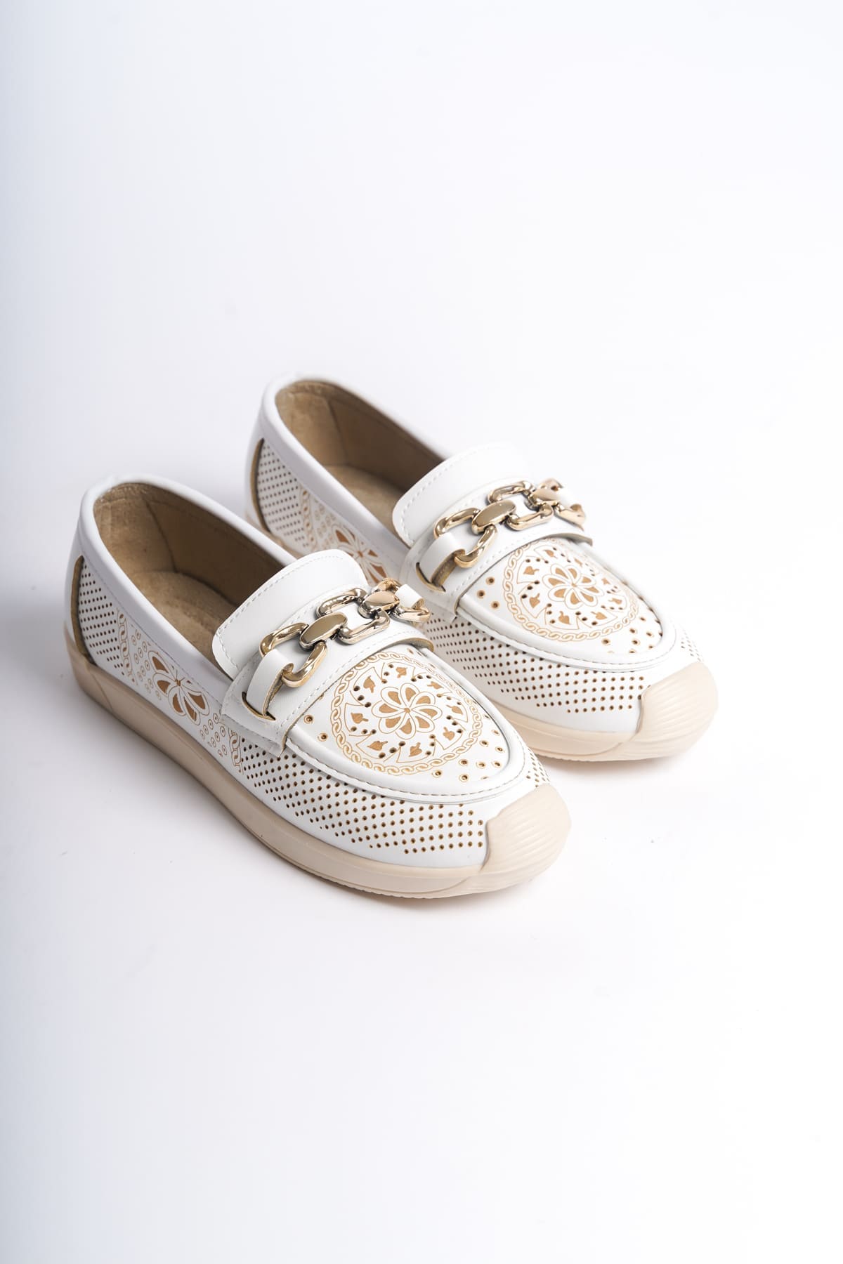 LAYLA Bağcıksız Ortopedik Rahat Taban Çiçek Desenli Kadın Babet Ayakkabı  CKT - Beyaz - 36 Resim 4