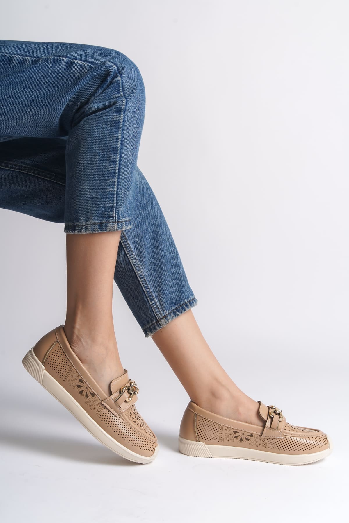 LAYLA Bağcıksız Ortopedik Rahat Taban Çiçek Desenli Kadın Babet Ayakkabı CKT - Ten - 40 Resim 3